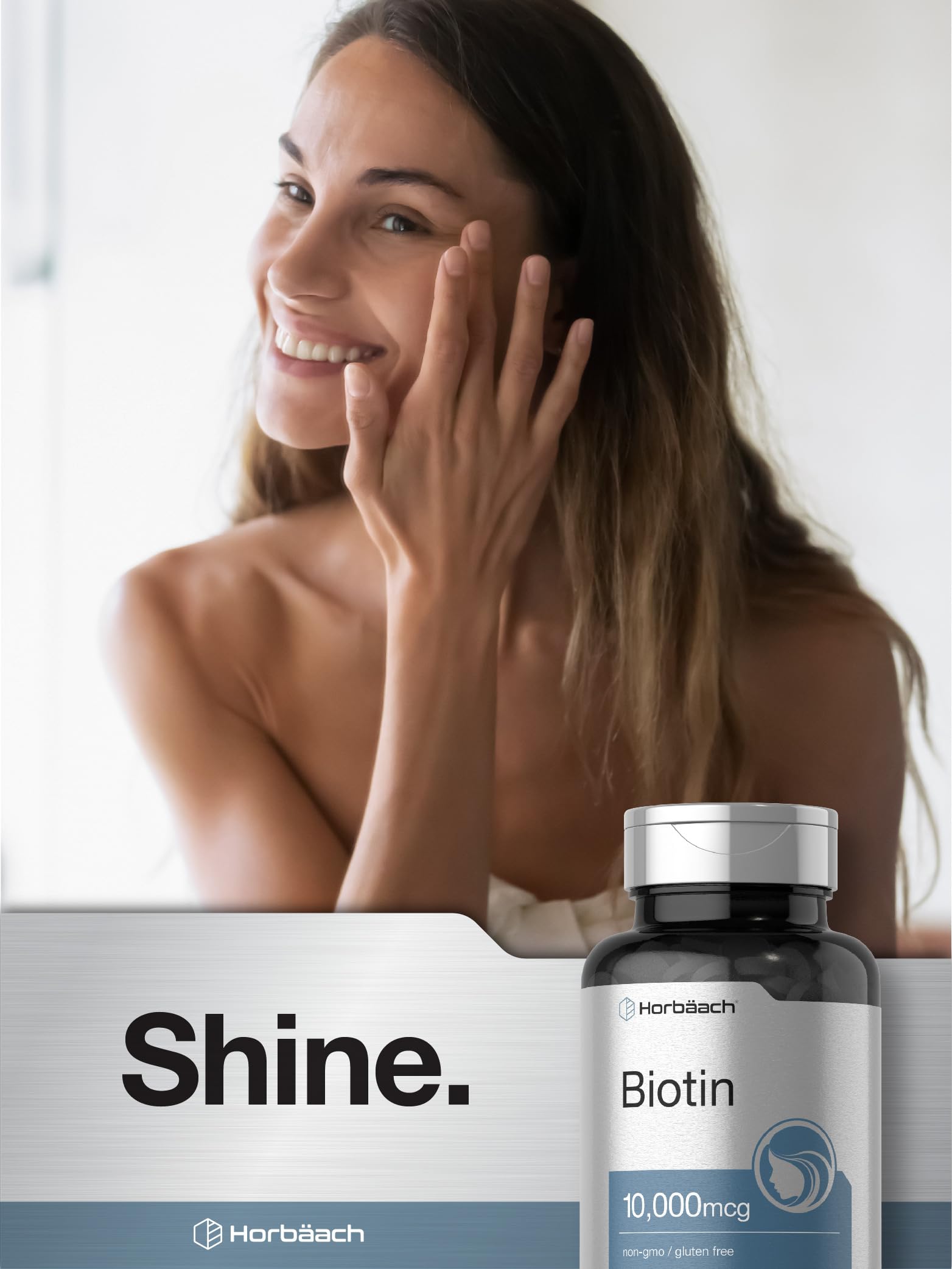 Horbäach Biotin 10000 mcg tablets in a hand