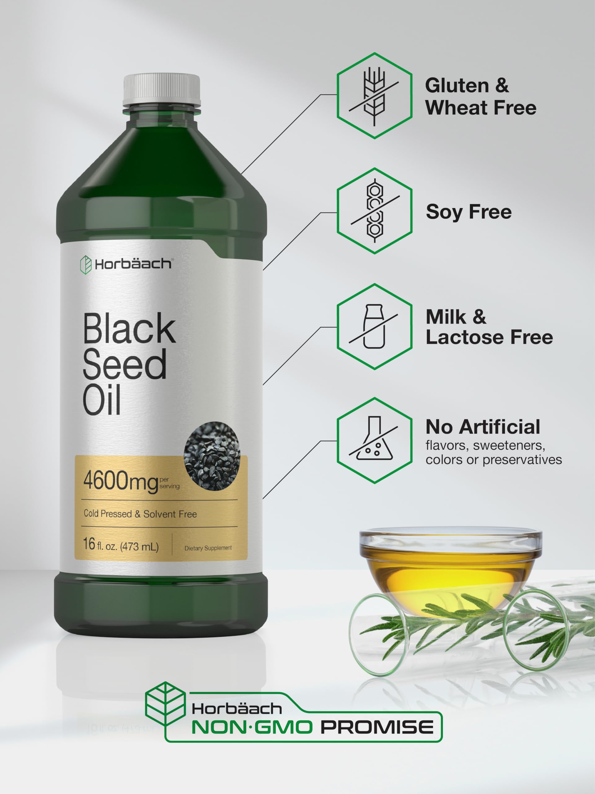 Horbäach Black Seed Oil 472g bottle on a wooden table