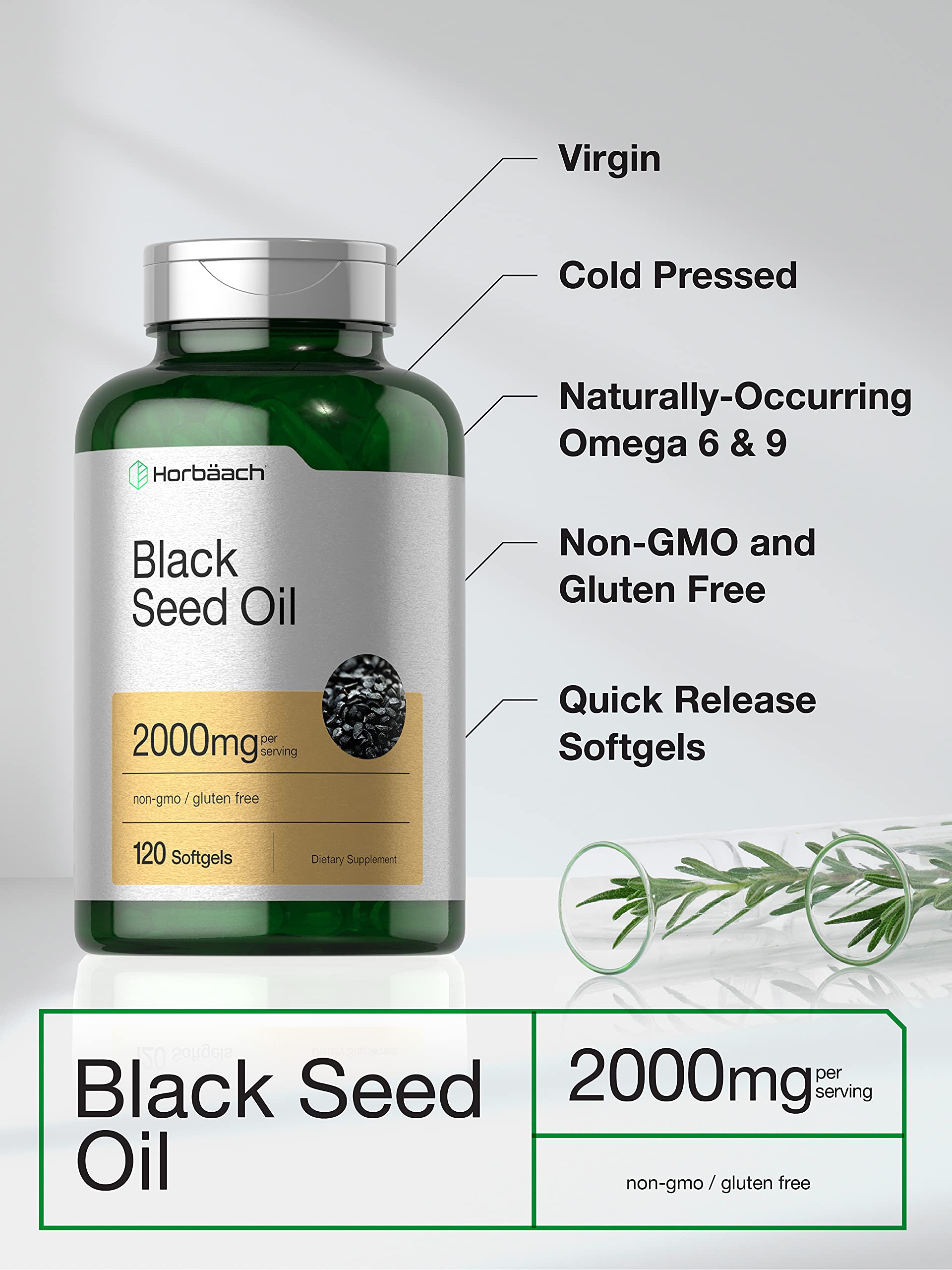 Horbäach Black Seed Oil Softgels back view with ingredient list