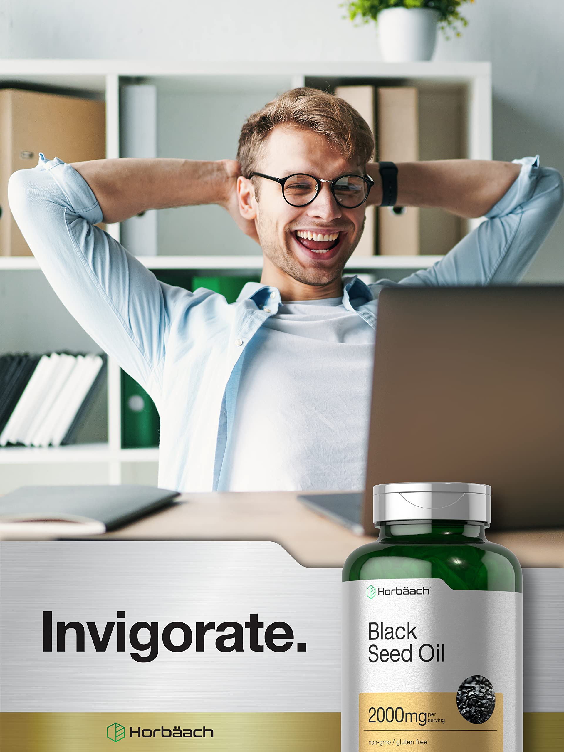 Horbäach Black Seed Oil Softgels with a glass of water