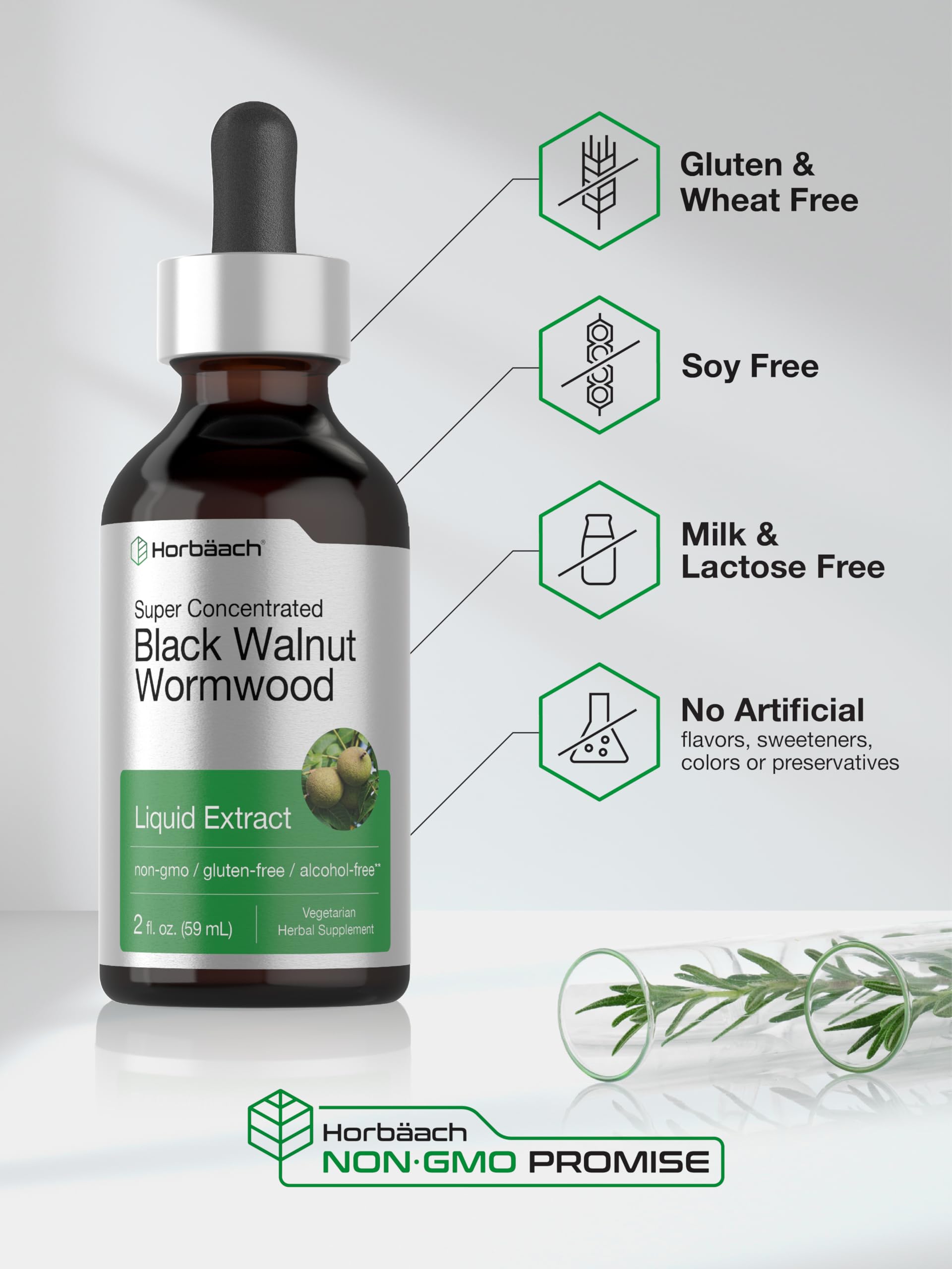 Horbäach Black Walnut & Wormwood Liquid Extract bottle with measuring spoon