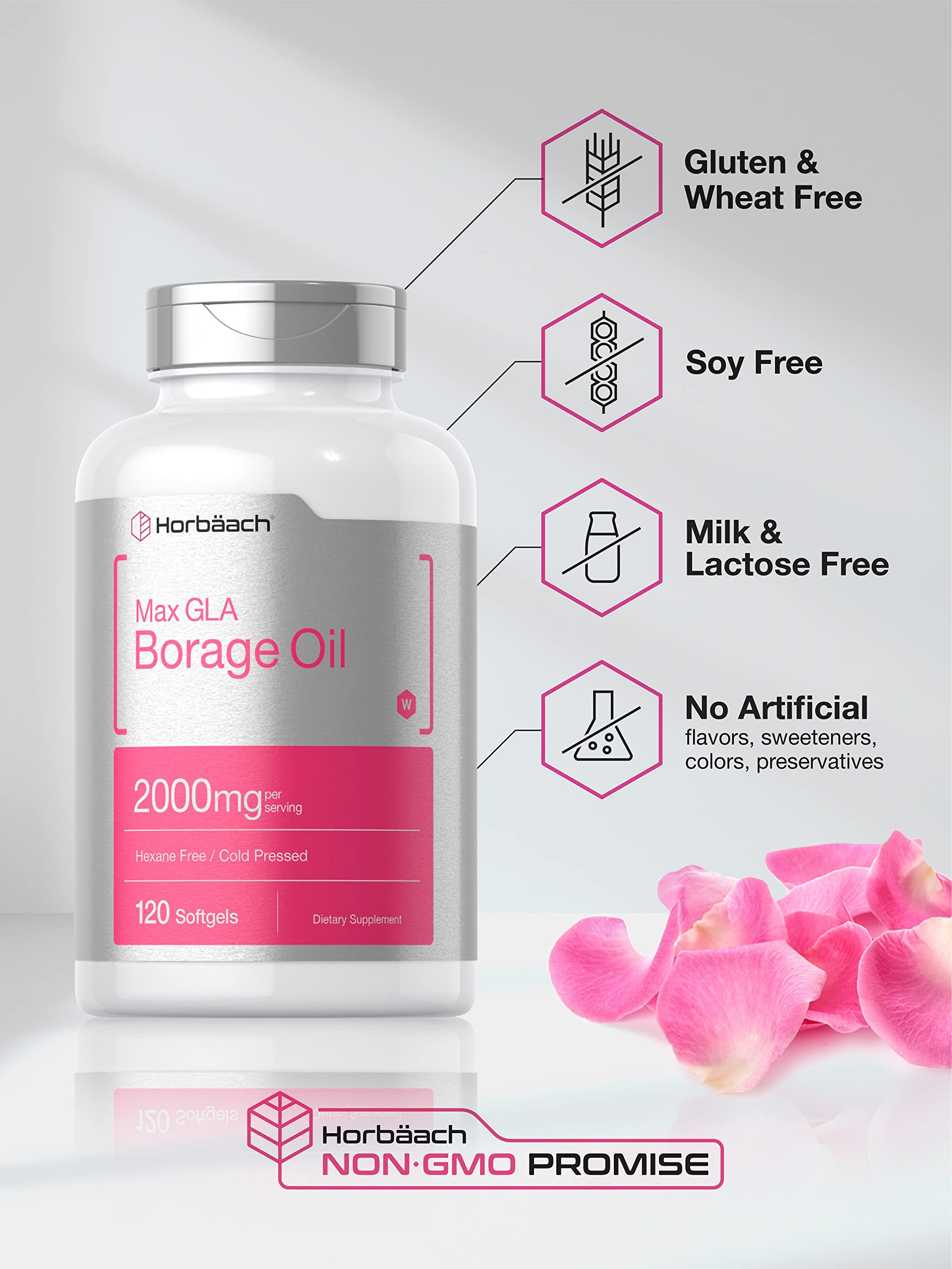 Horbäach Borage Oil 2000mg softgels on a wooden table