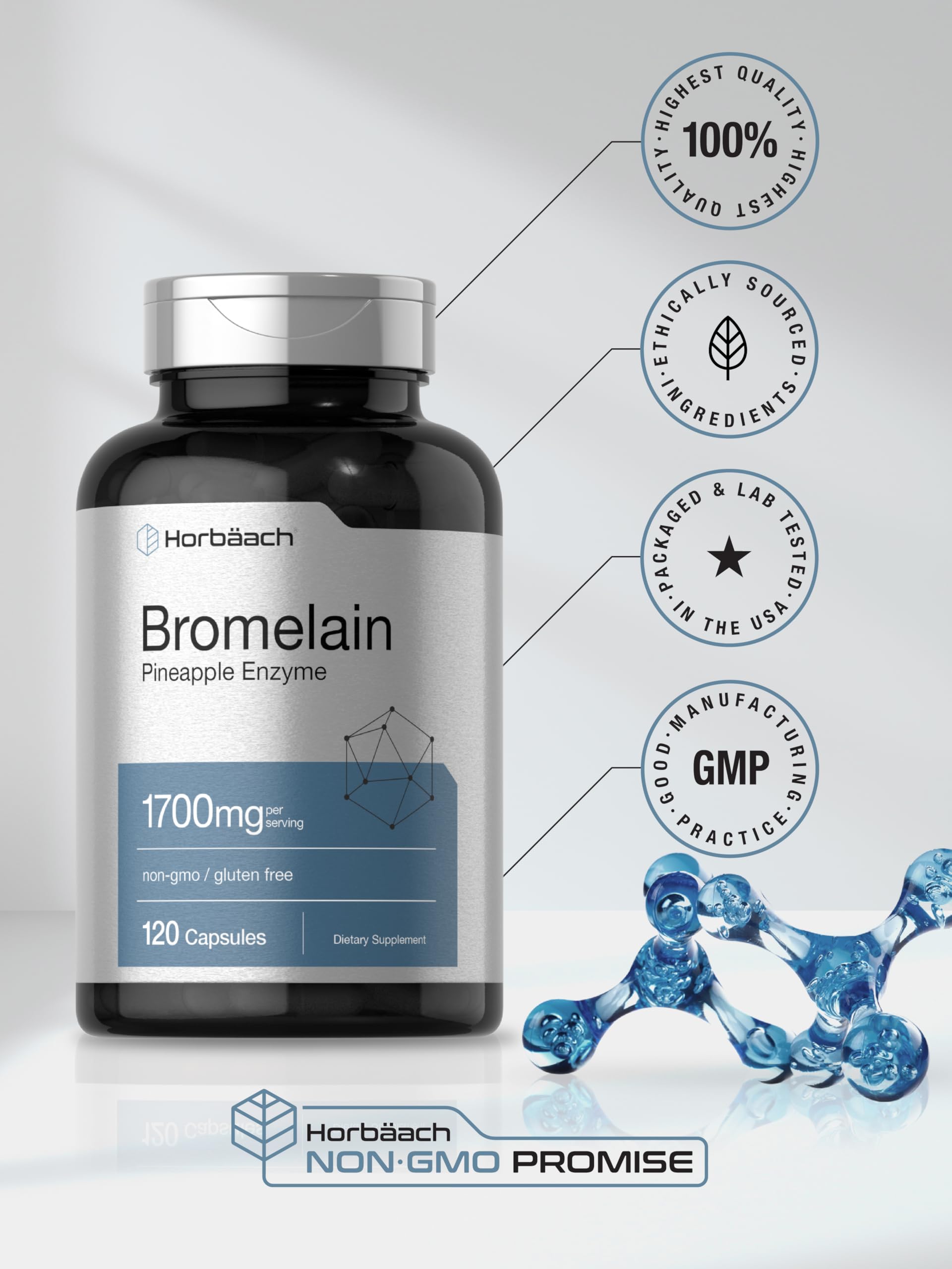 Horbäach Bromelain 1700mg Capsules on a wooden table