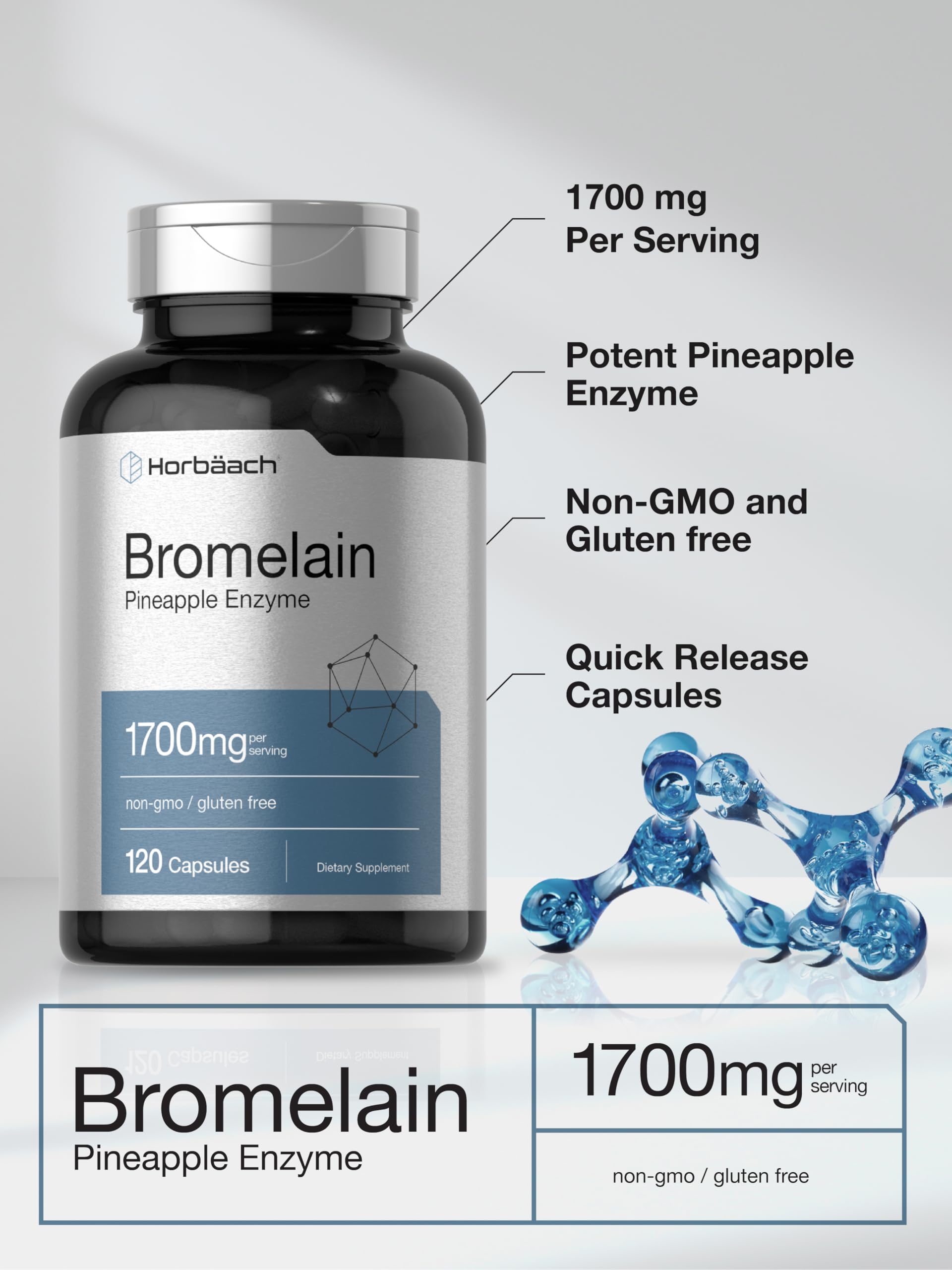 Horbäach Bromelain 1700mg Capsules with pineapple background