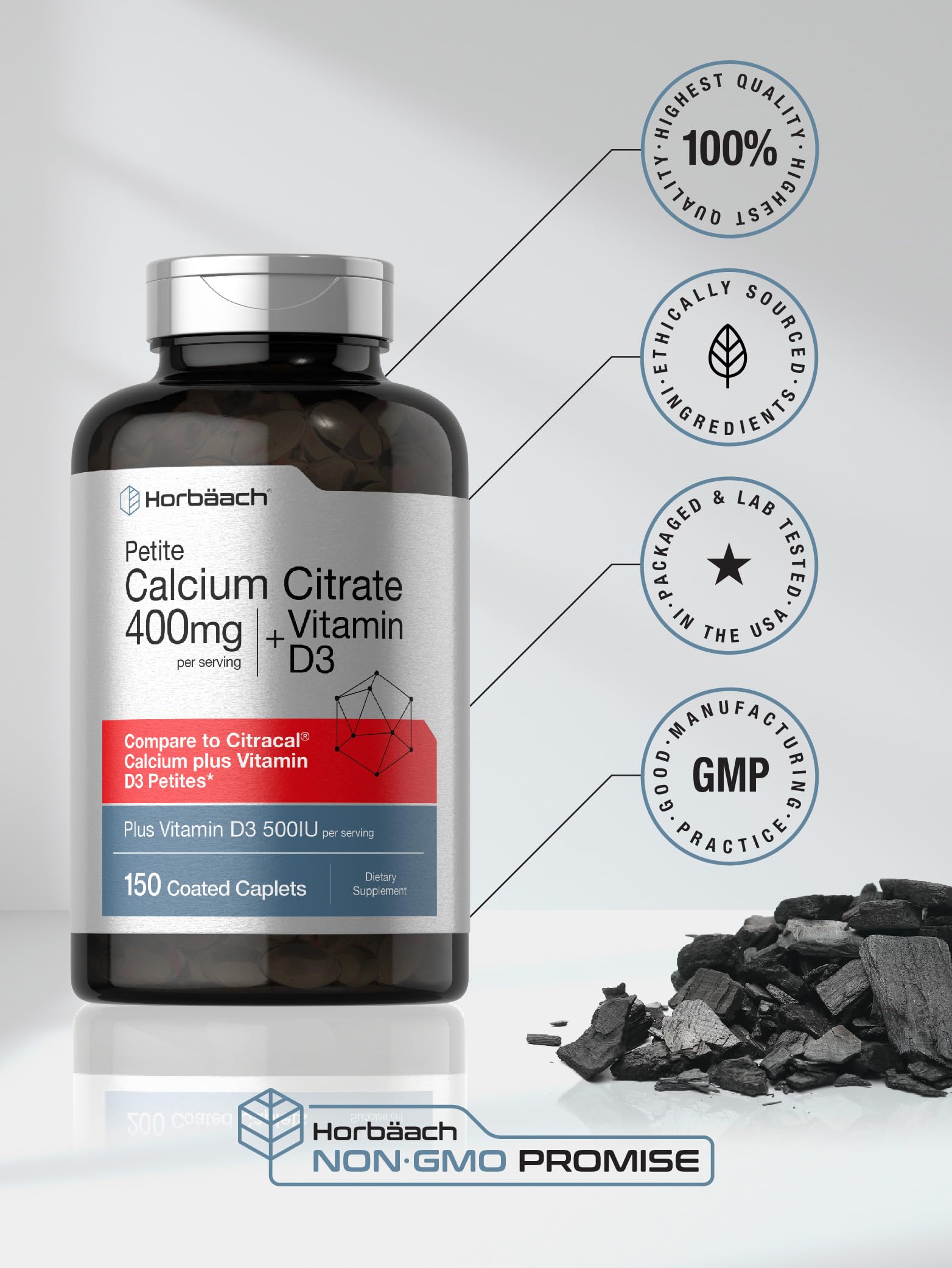 Horbäach Calcium Citrate with Vitamin D3 400mg vegetarian caplet