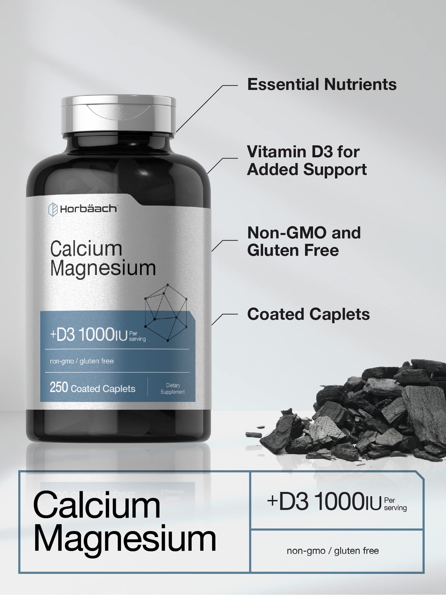 Horbäach Calcium Magnesium Vitamin D3 Coated Caplets close-up of caplets
