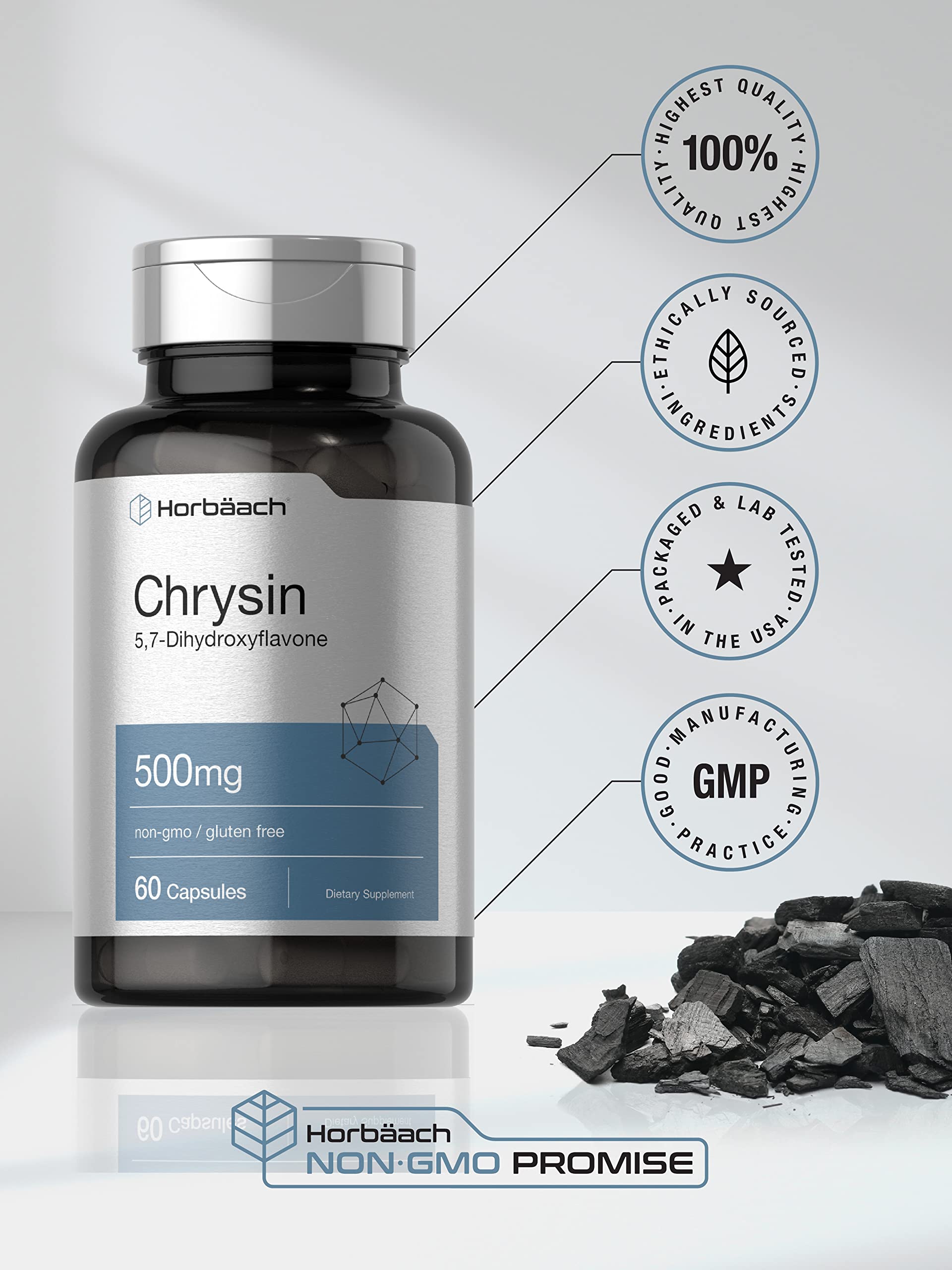 Horbäach Chrysin 500mg capsules on a wooden table