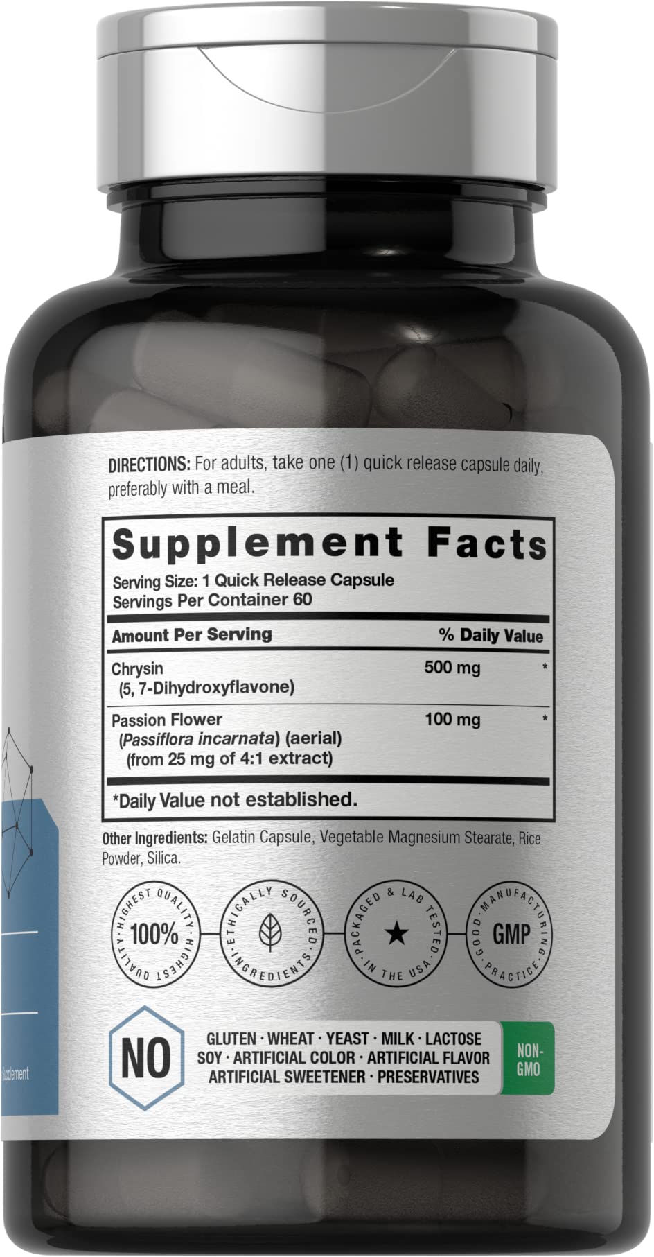 Horbäach Chrysin 500mg Passion Flower capsules side view