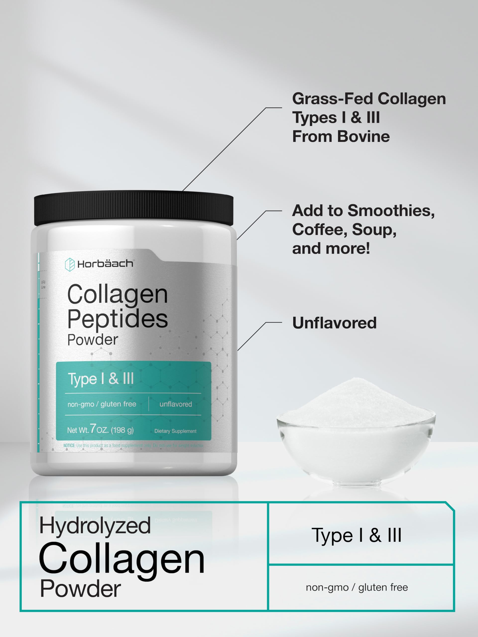 Horbäach Collagen Powder 259g in a glass with smoothie