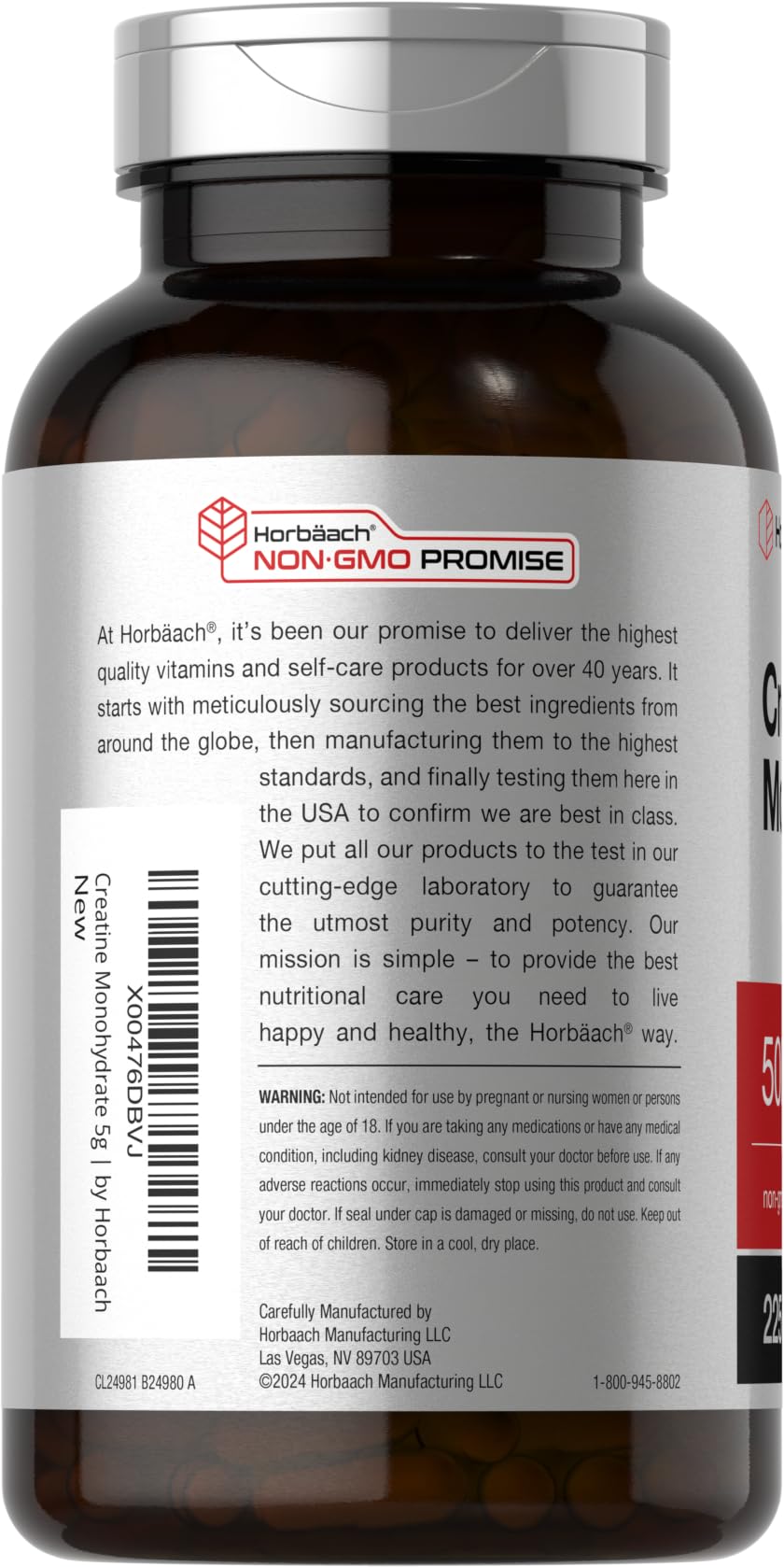 Horbäach Creatine Monohydrate Capsules bottle with label