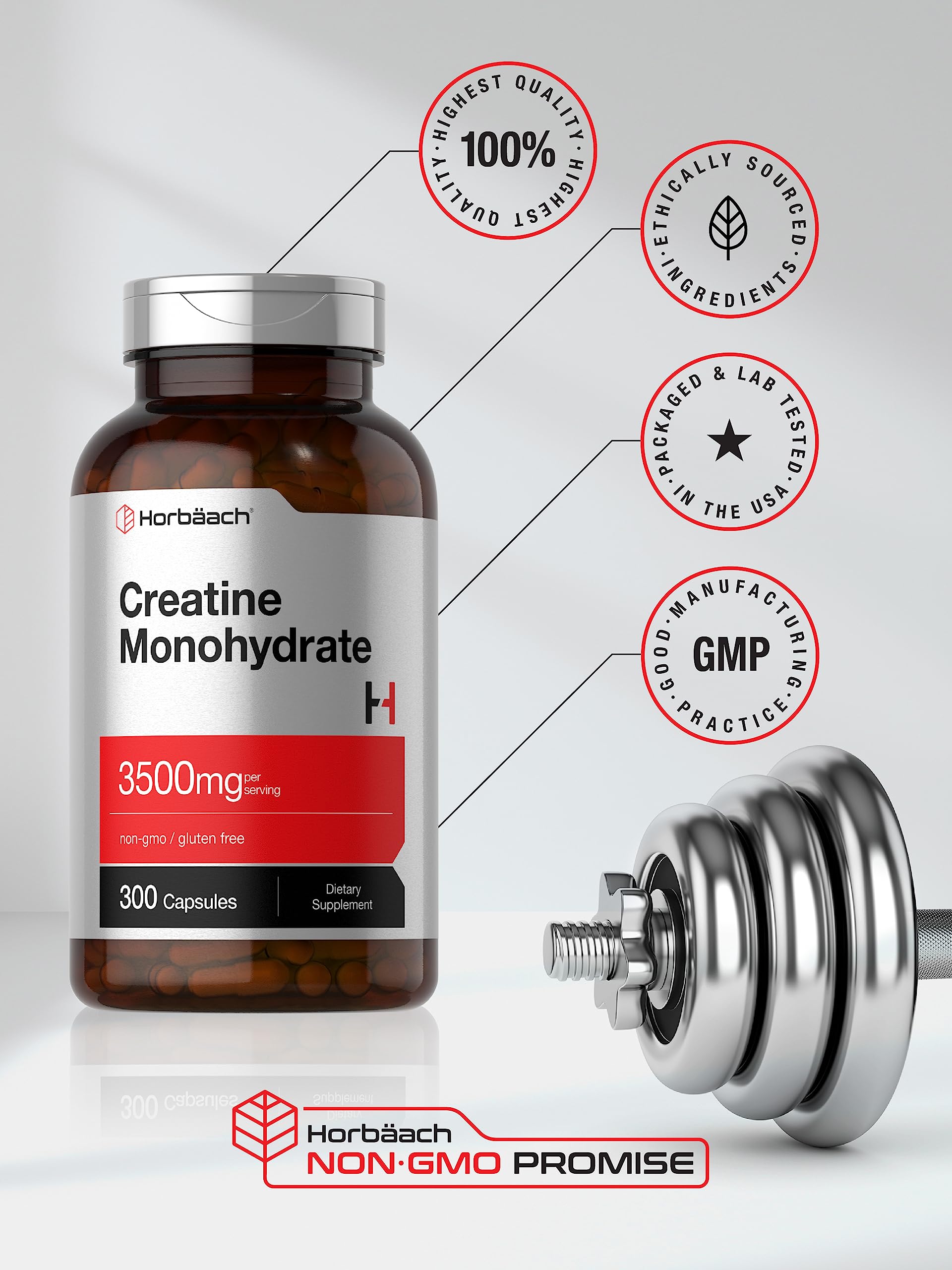 Horbäach Creatine Monohydrate capsules on a table