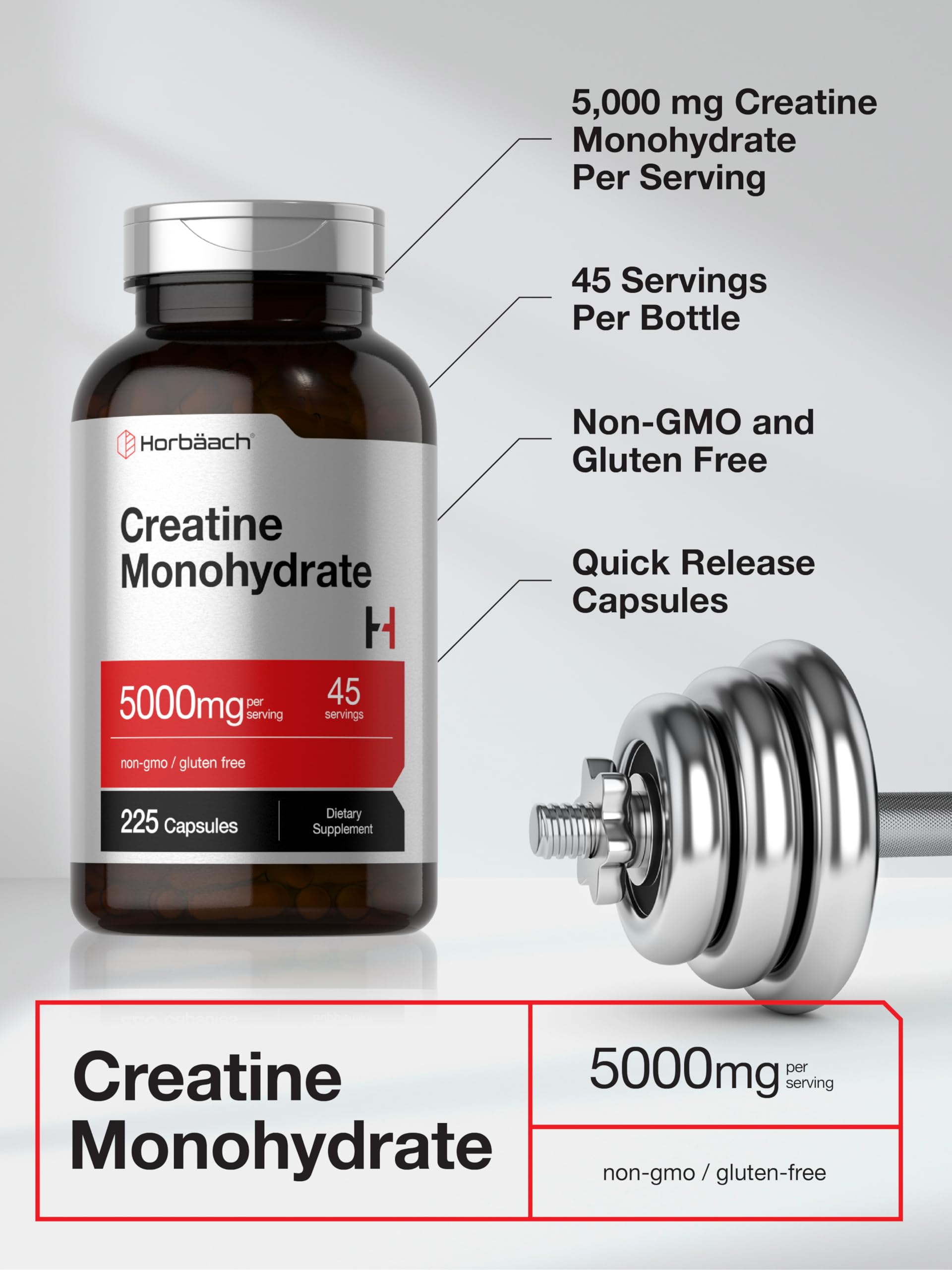 Horbäach Creatine Monohydrate Capsules on a wooden table