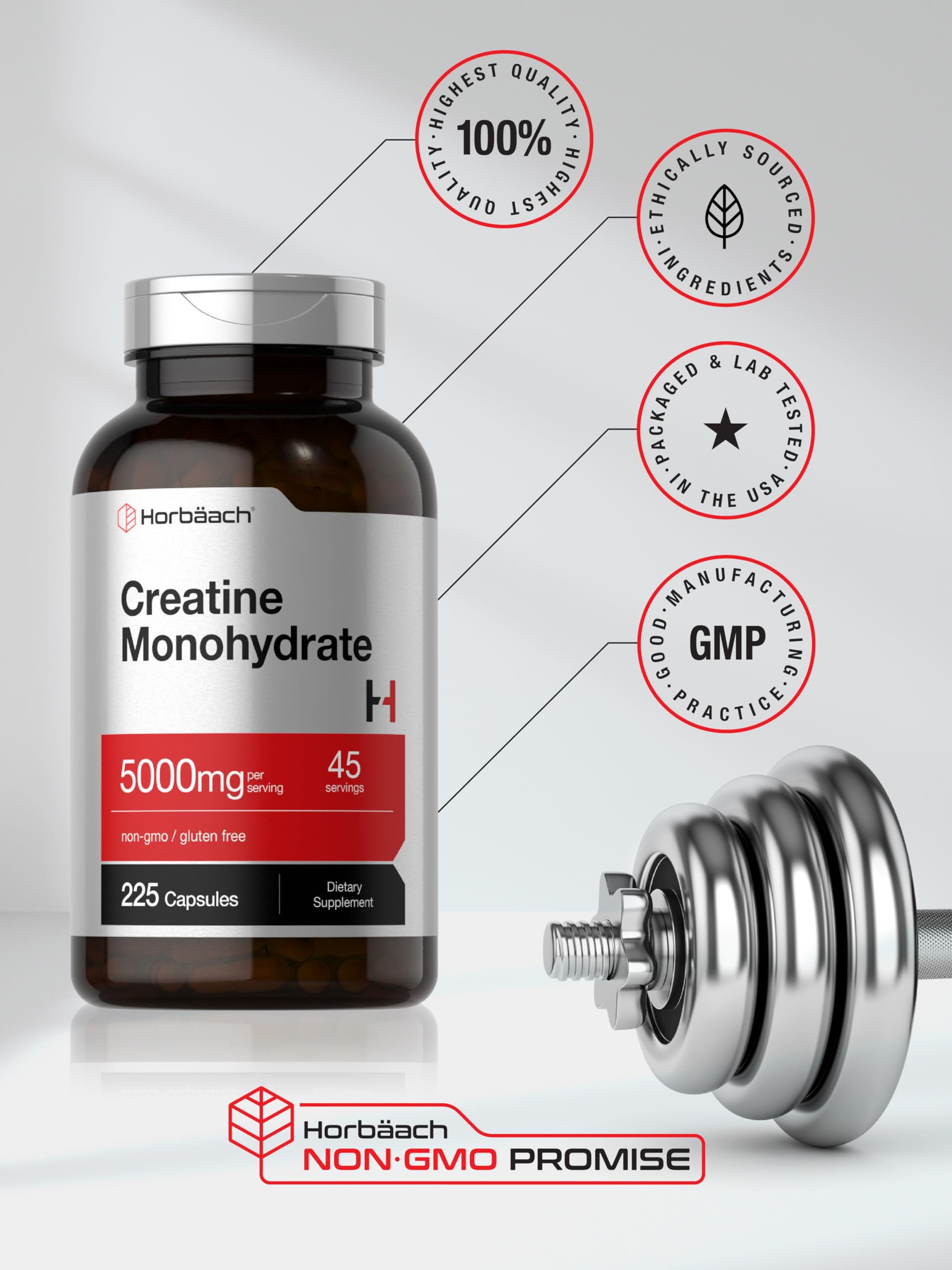 Horbäach Creatine Monohydrate Capsules with measuring scoop
