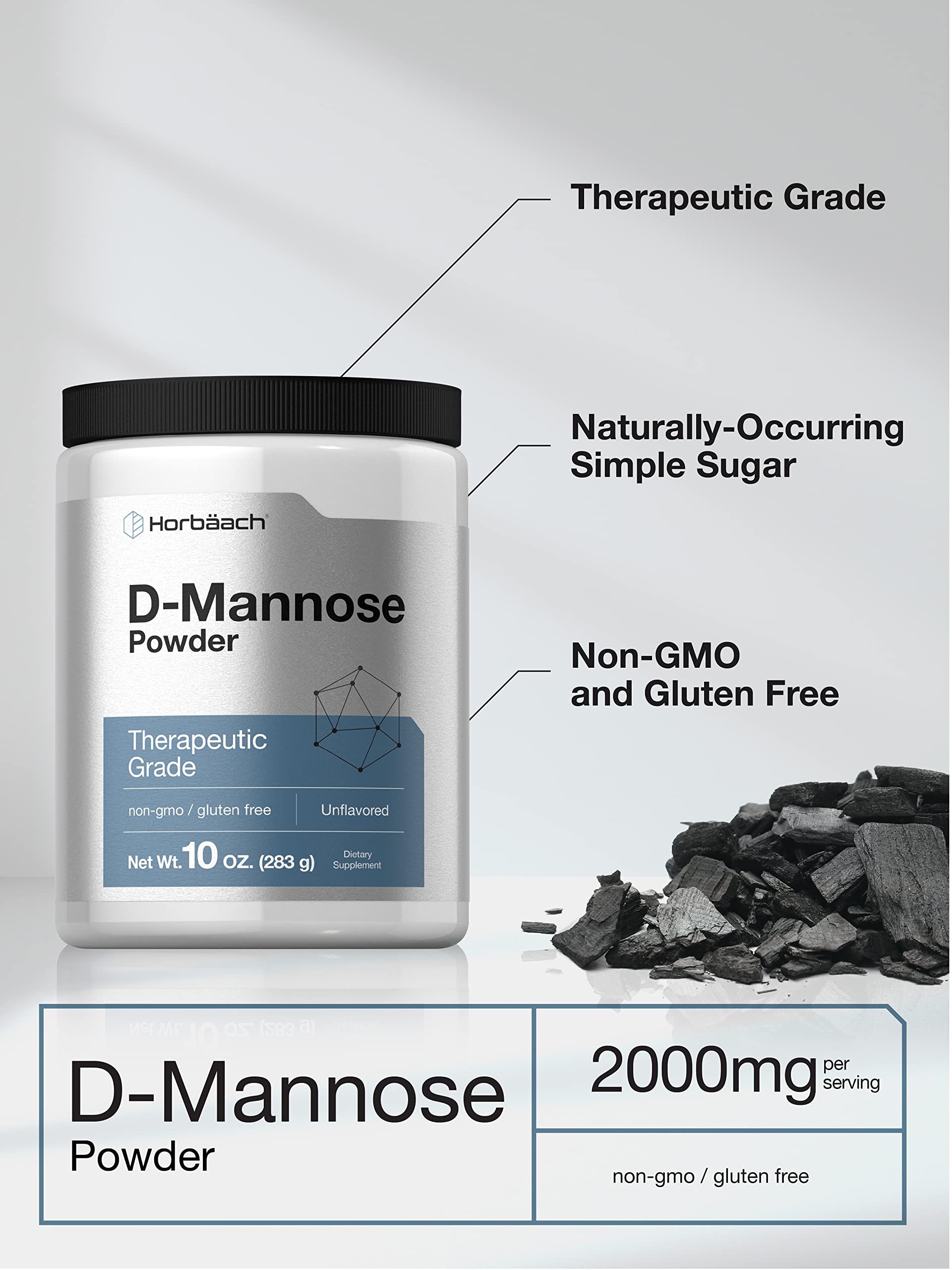 Horbäach D-Mannose Powder 2000mg side view with scoop