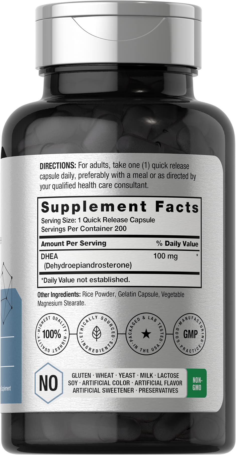 Horbäach DHEA 100mg capsule bottle side view