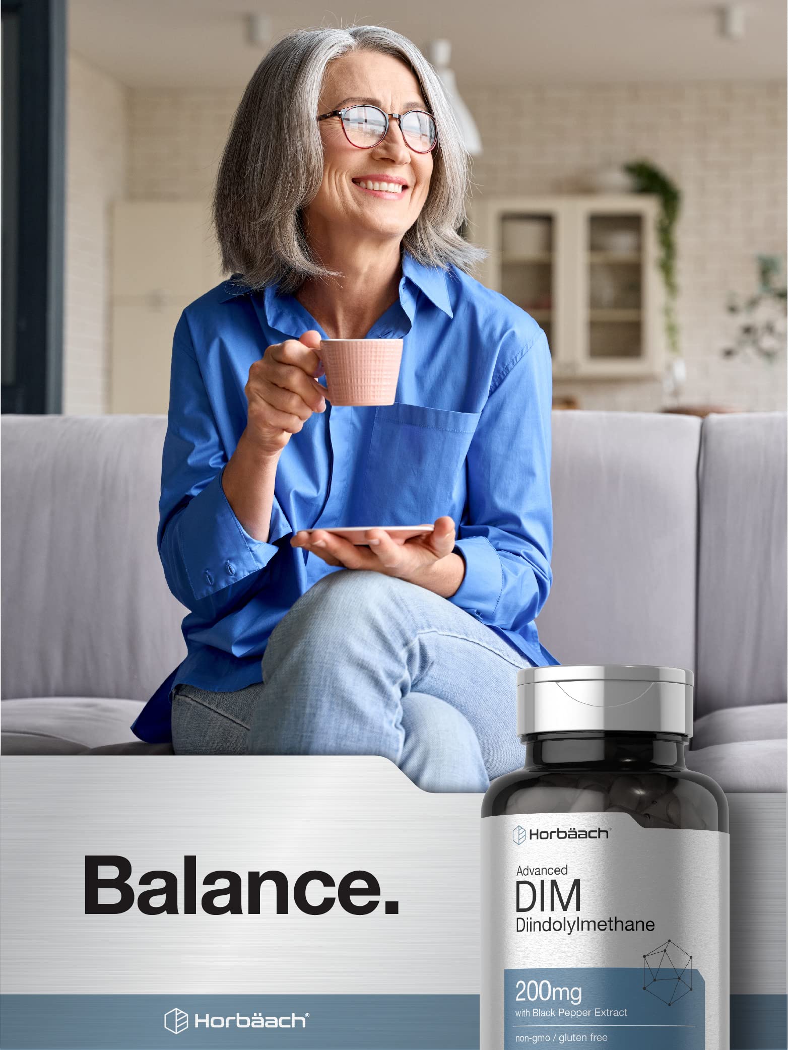 Horbäach DIM Supplement capsules on a wooden surface