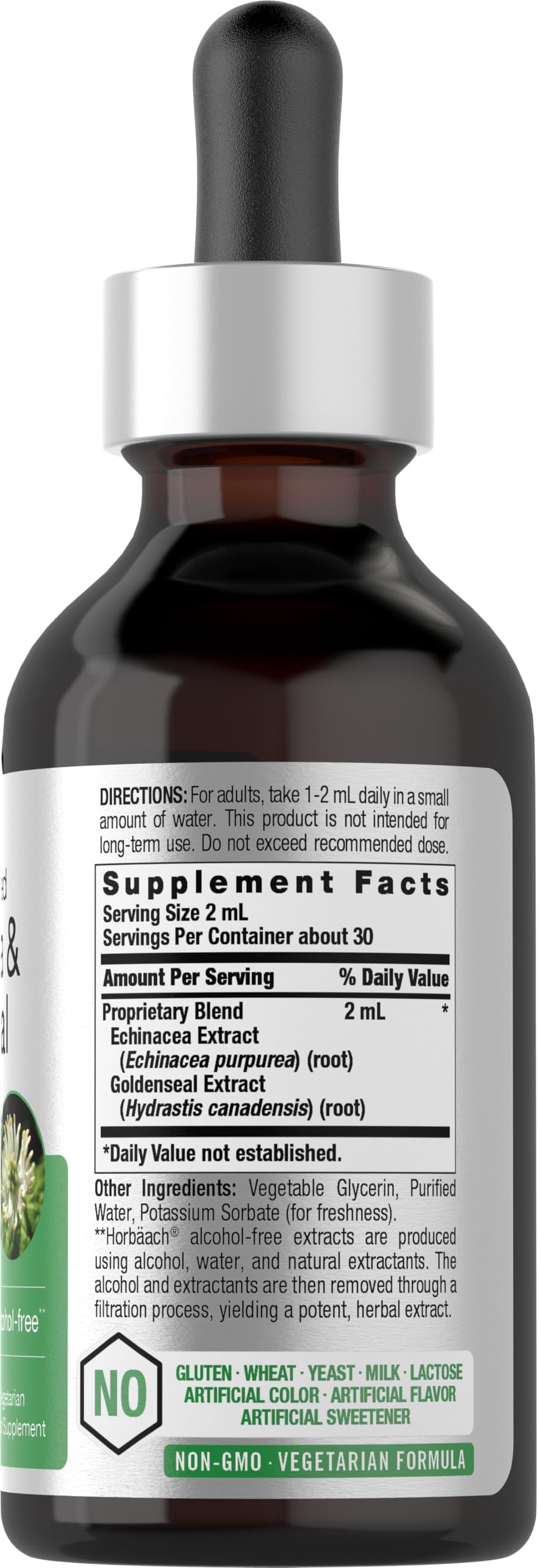 Horbäach Echinacea & Goldenseal Liquid Extract back view with ingredient list