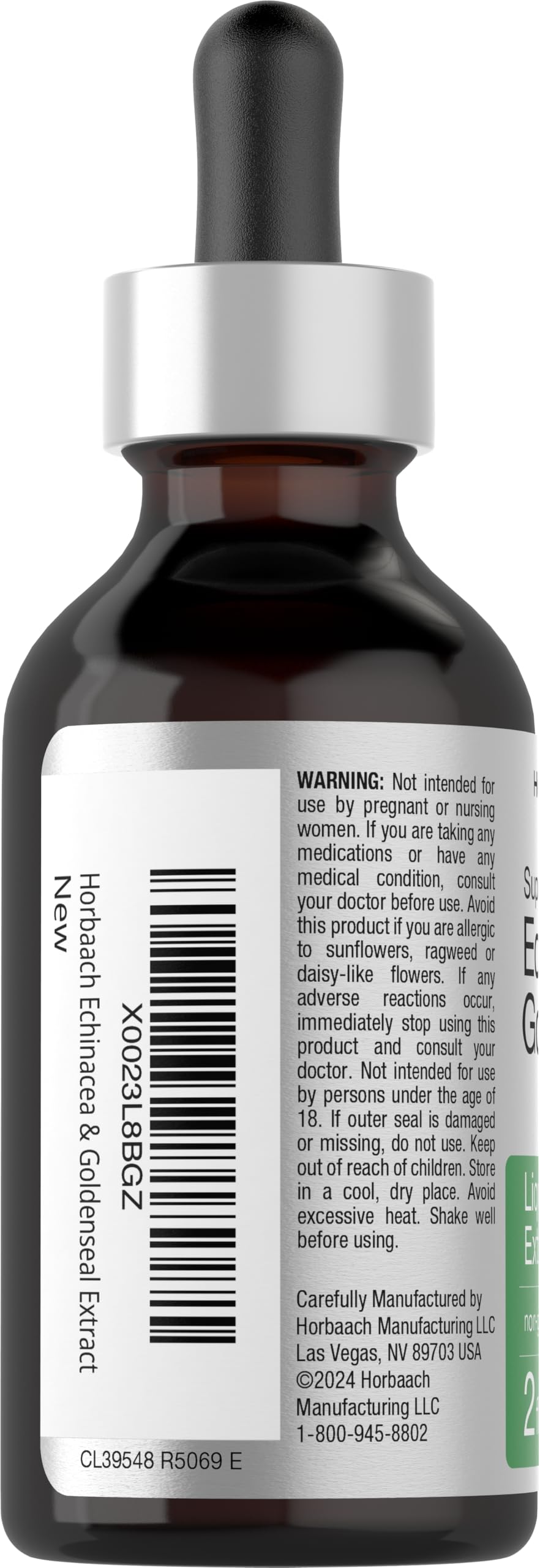 Horbäach Echinacea & Goldenseal Liquid Extract side view showing bottle cap