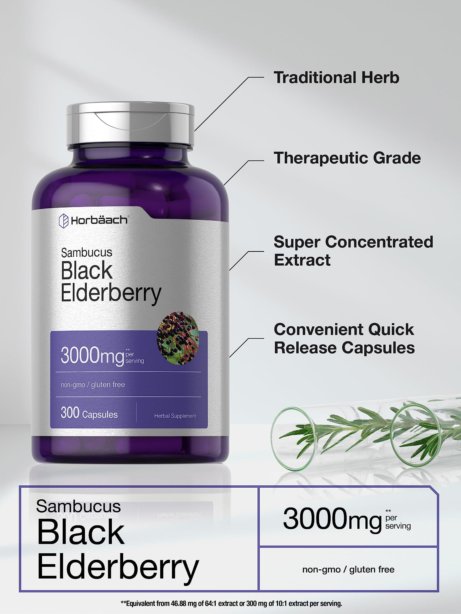 Horbäach Elderberry Extract Capsules 1000mg bottle with label