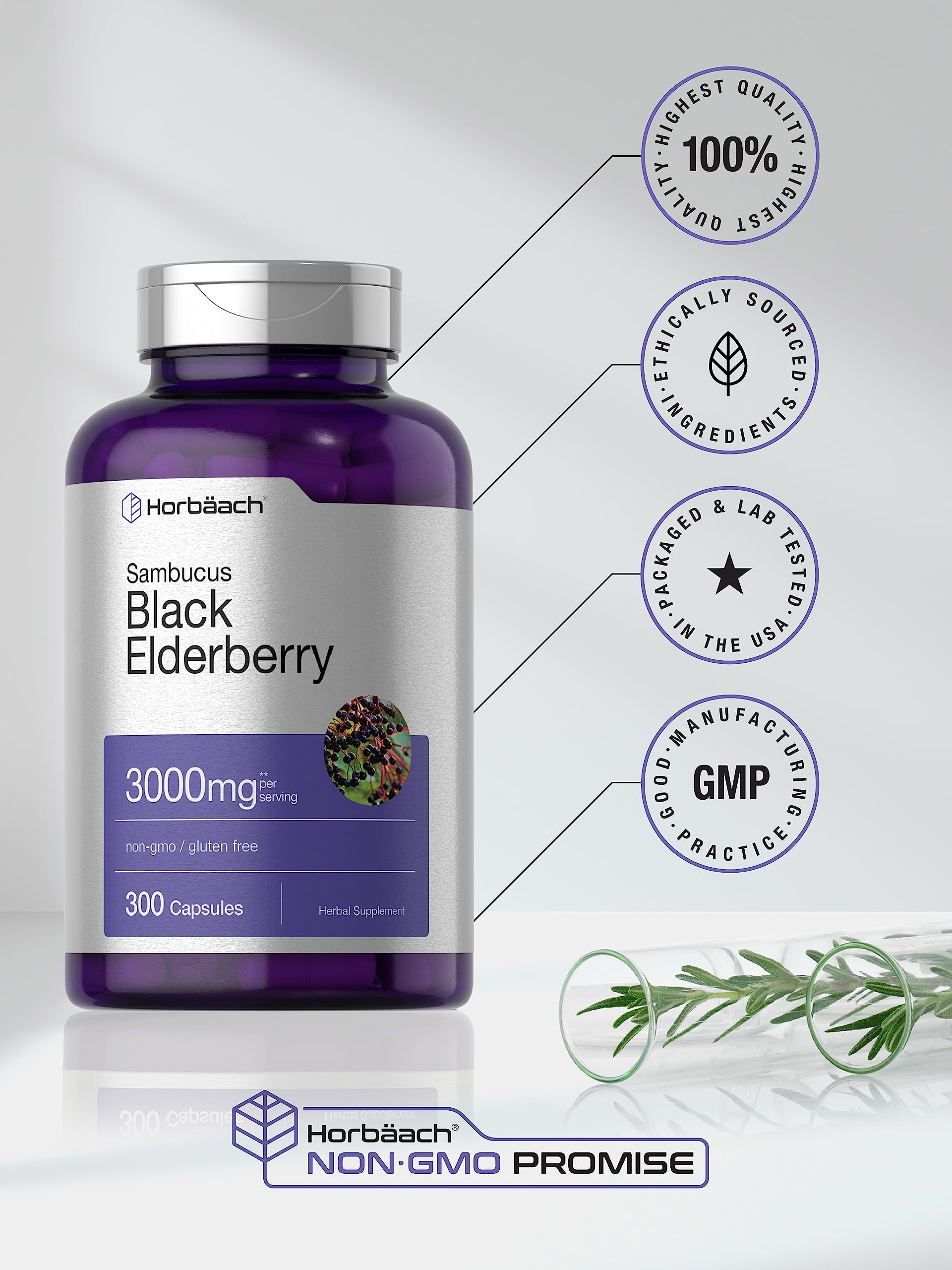 Horbäach Elderberry Extract Capsules 1000mg capsules on table