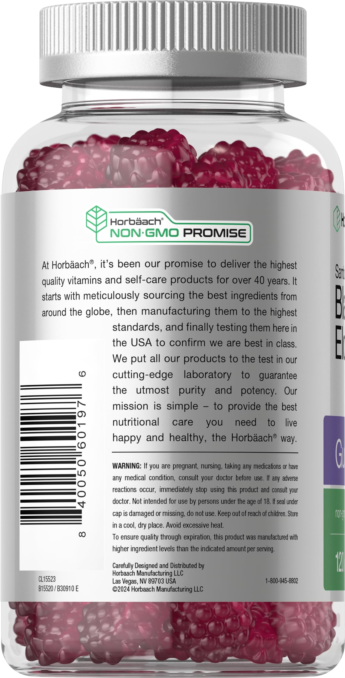 Horbäach Elderberry Gummies 440g back view with ingredient list