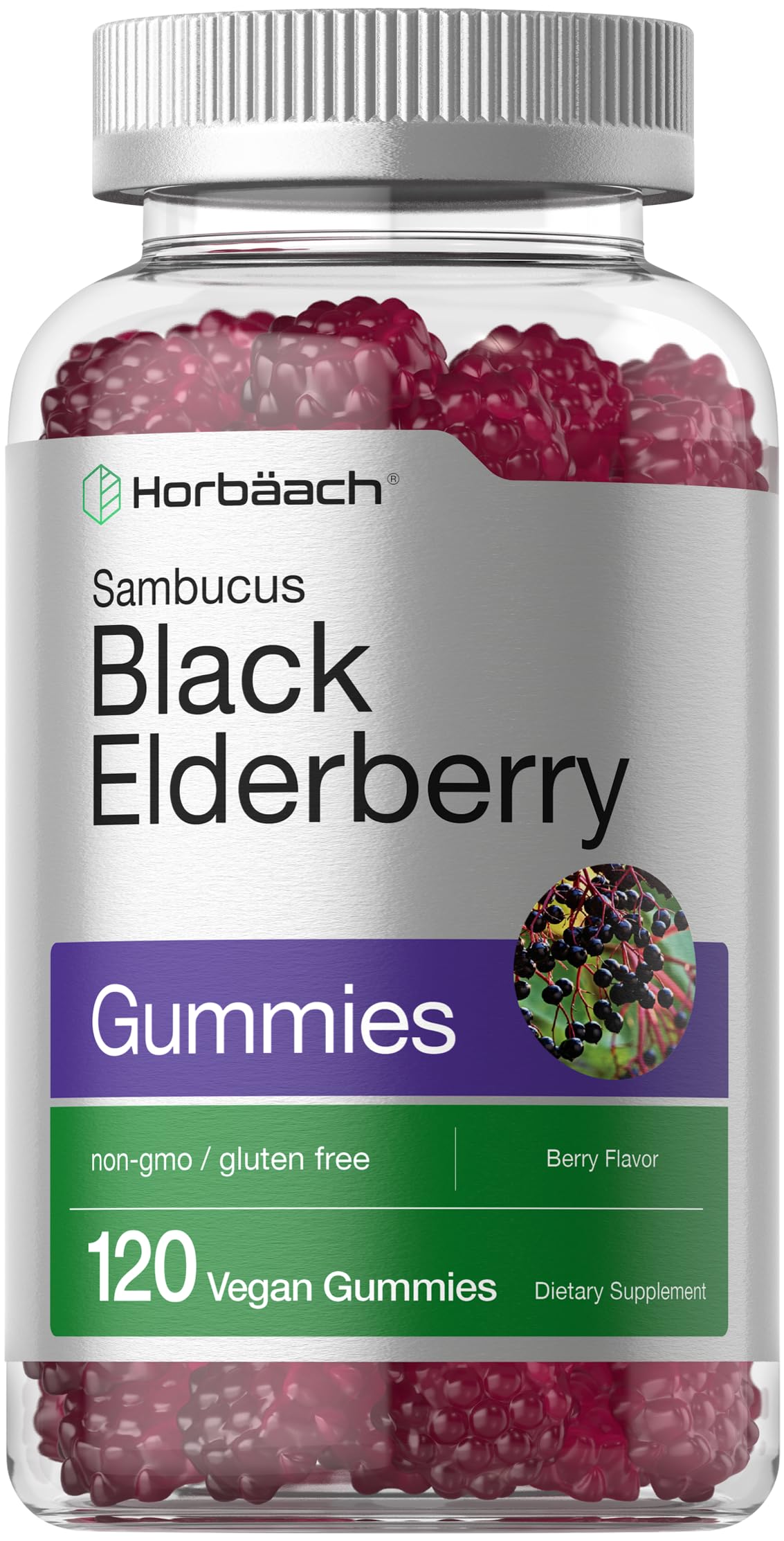 Horbäach Elderberry Gummies 440g front view with berry flavour