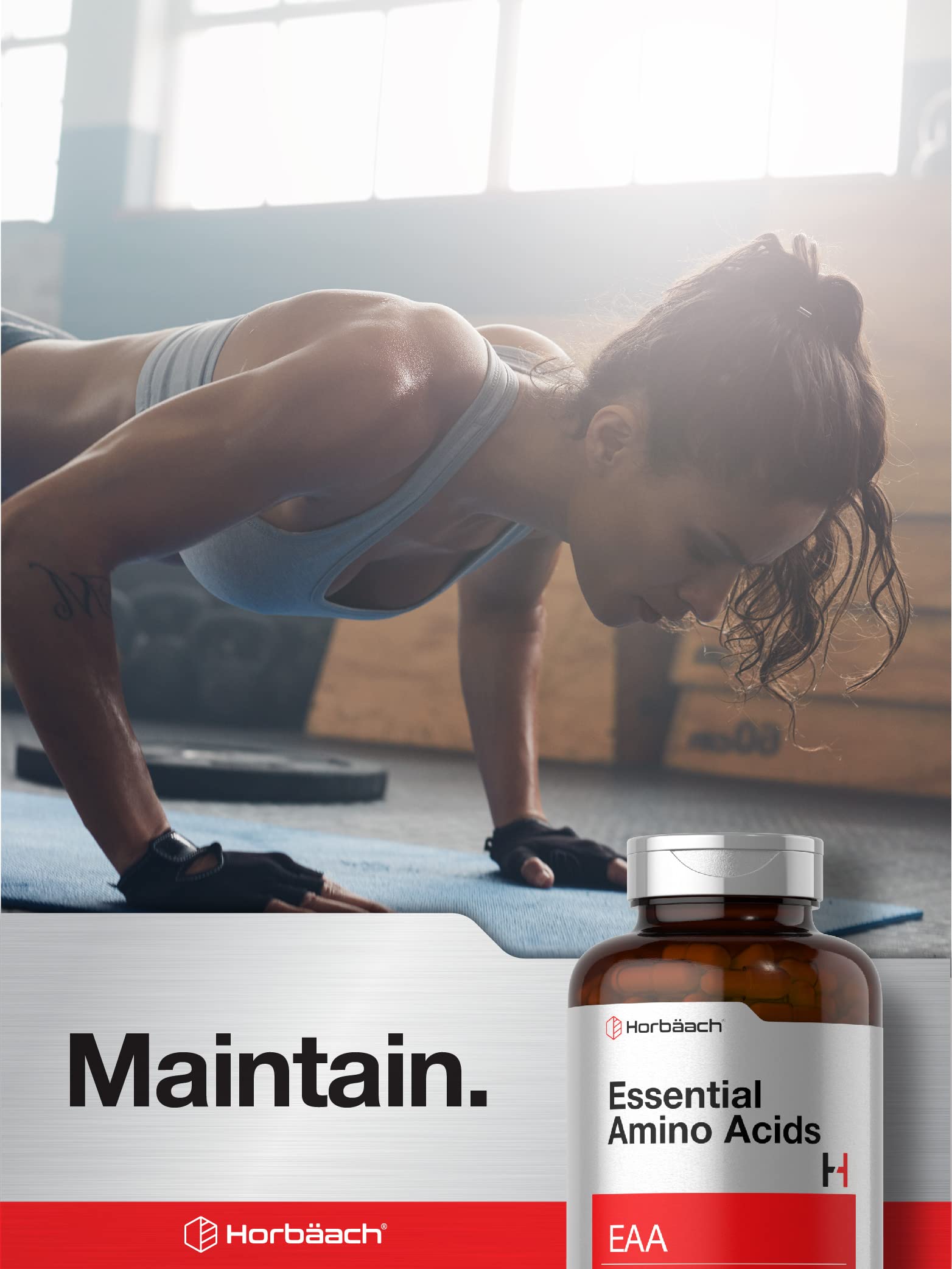 Horbäach Essential Amino Acids 3000mg bottle with a measuring spoon