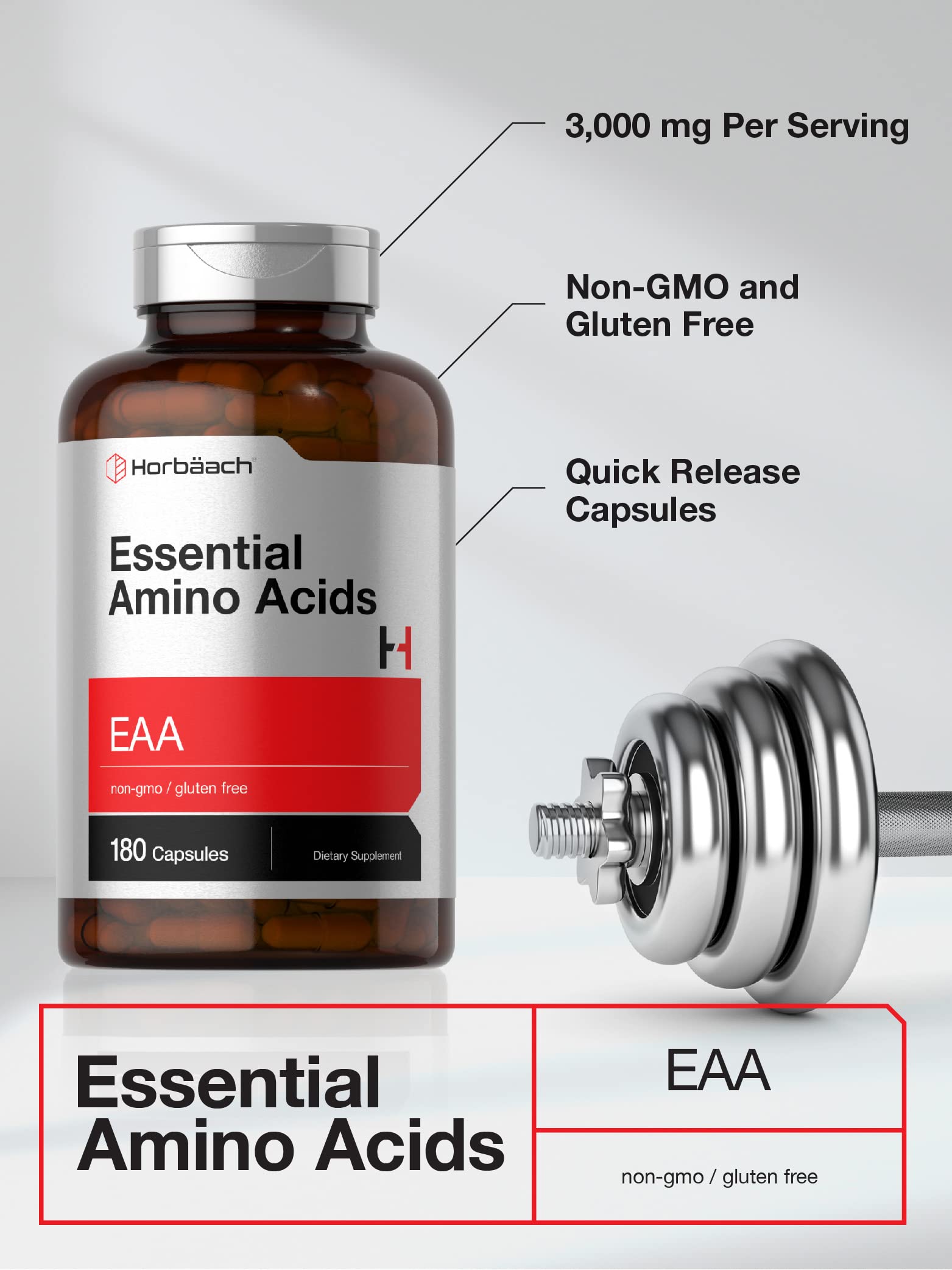 Horbäach Essential Amino Acids 3000mg capsules on a wooden surface