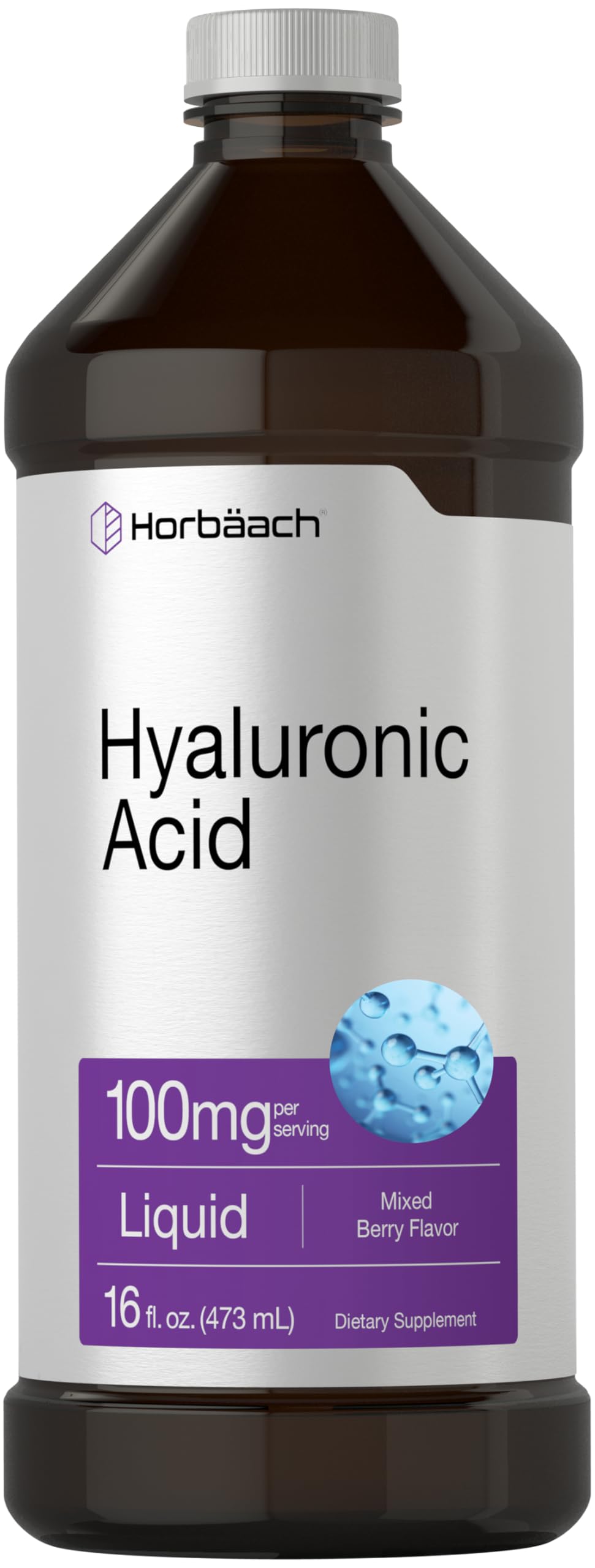 Horbäach Hyaluronic Acid Liquid Supplement front view with mixed berry flavour