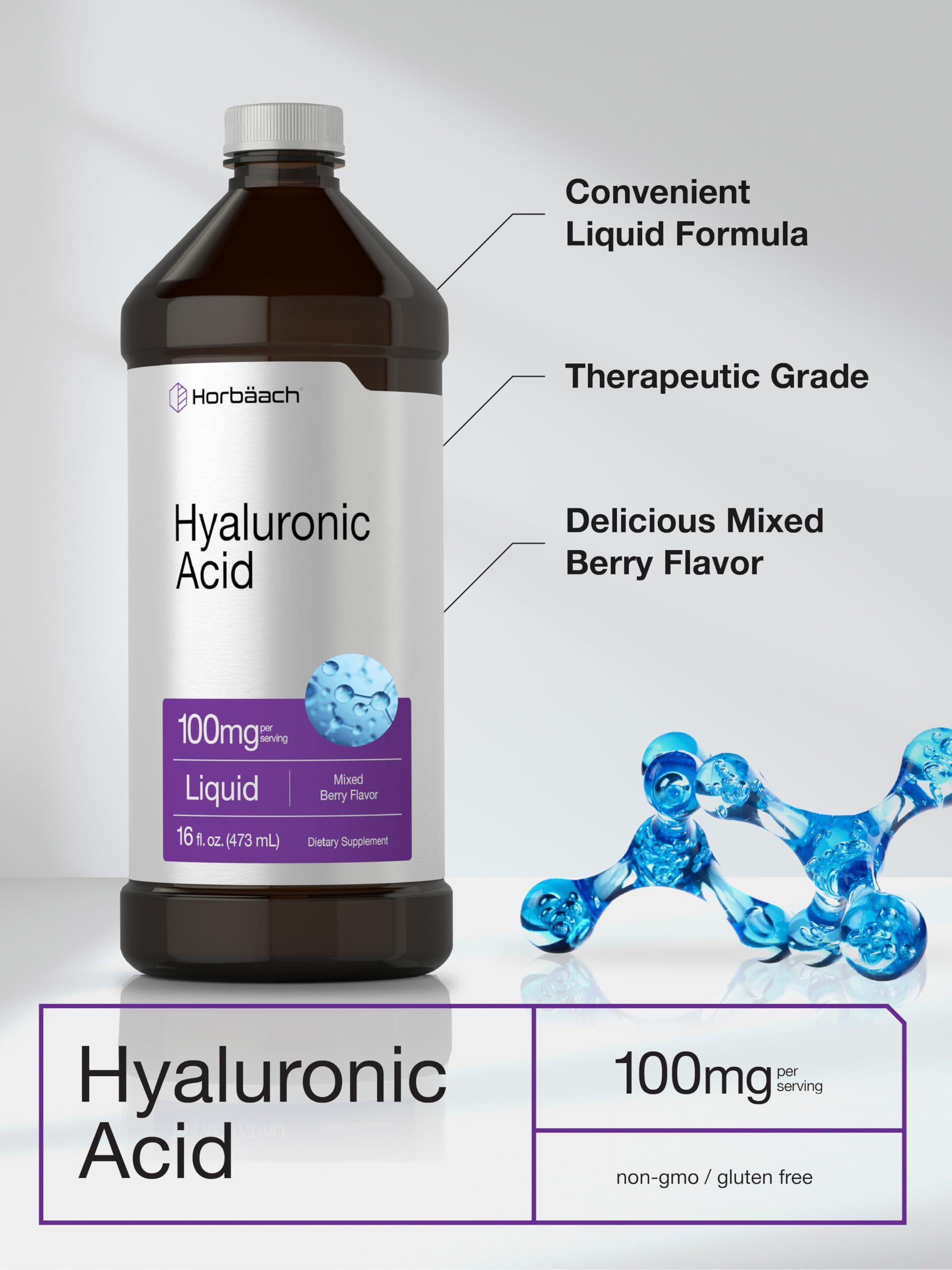 Horbäach Hyaluronic Acid Liquid Supplement ingredients list on the back of the bottle
