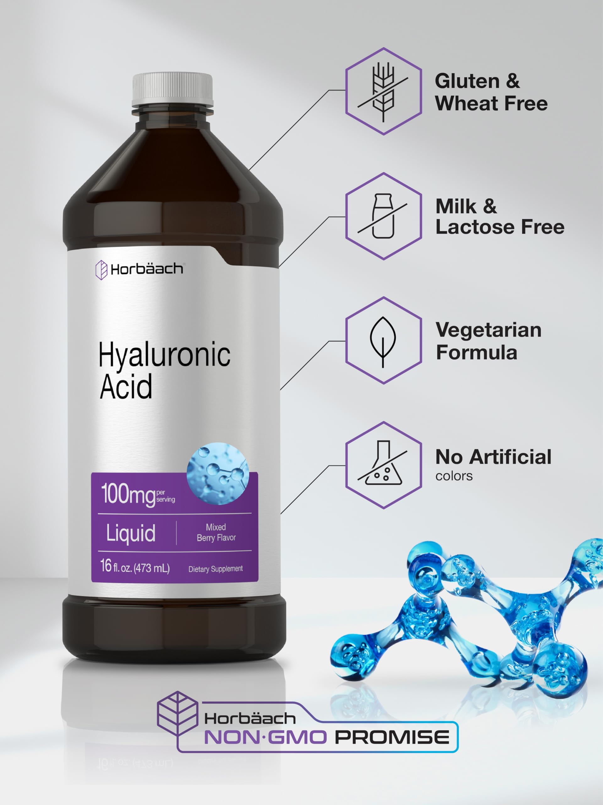 Horbäach Hyaluronic Acid Liquid Supplement mixed berry flavour close-up
