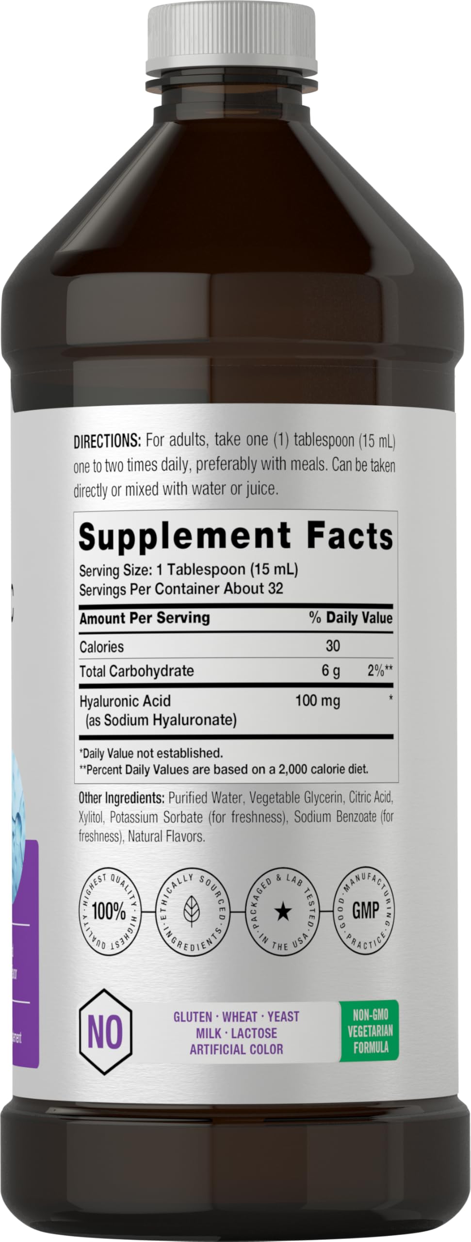 Horbäach Hyaluronic Acid Liquid Supplement side view showing packaging details
