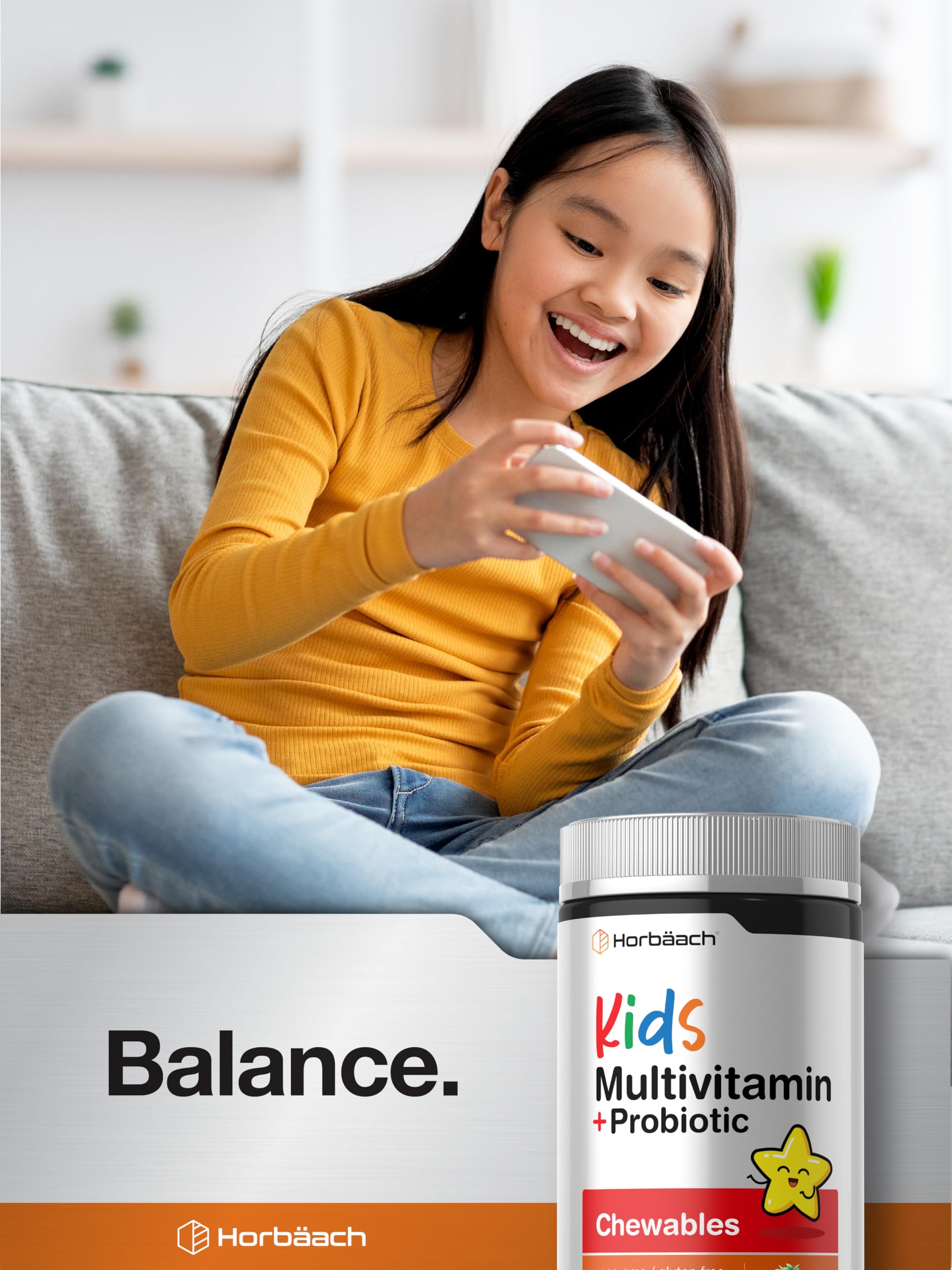 Horbäach Kids Multivitamin tablets with fruits background