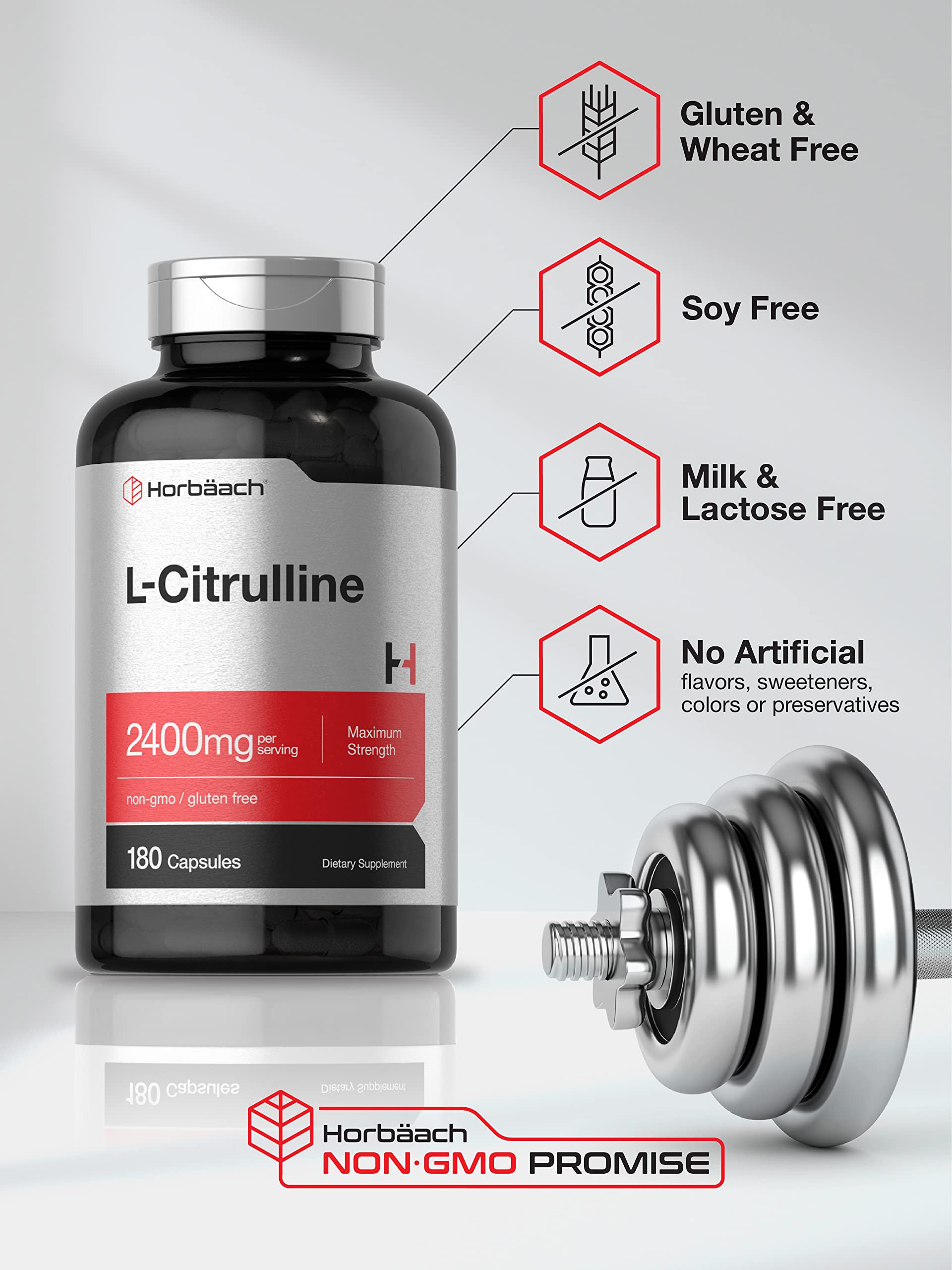 Horbäach L-Citrulline 2400mg capsules on wooden surface