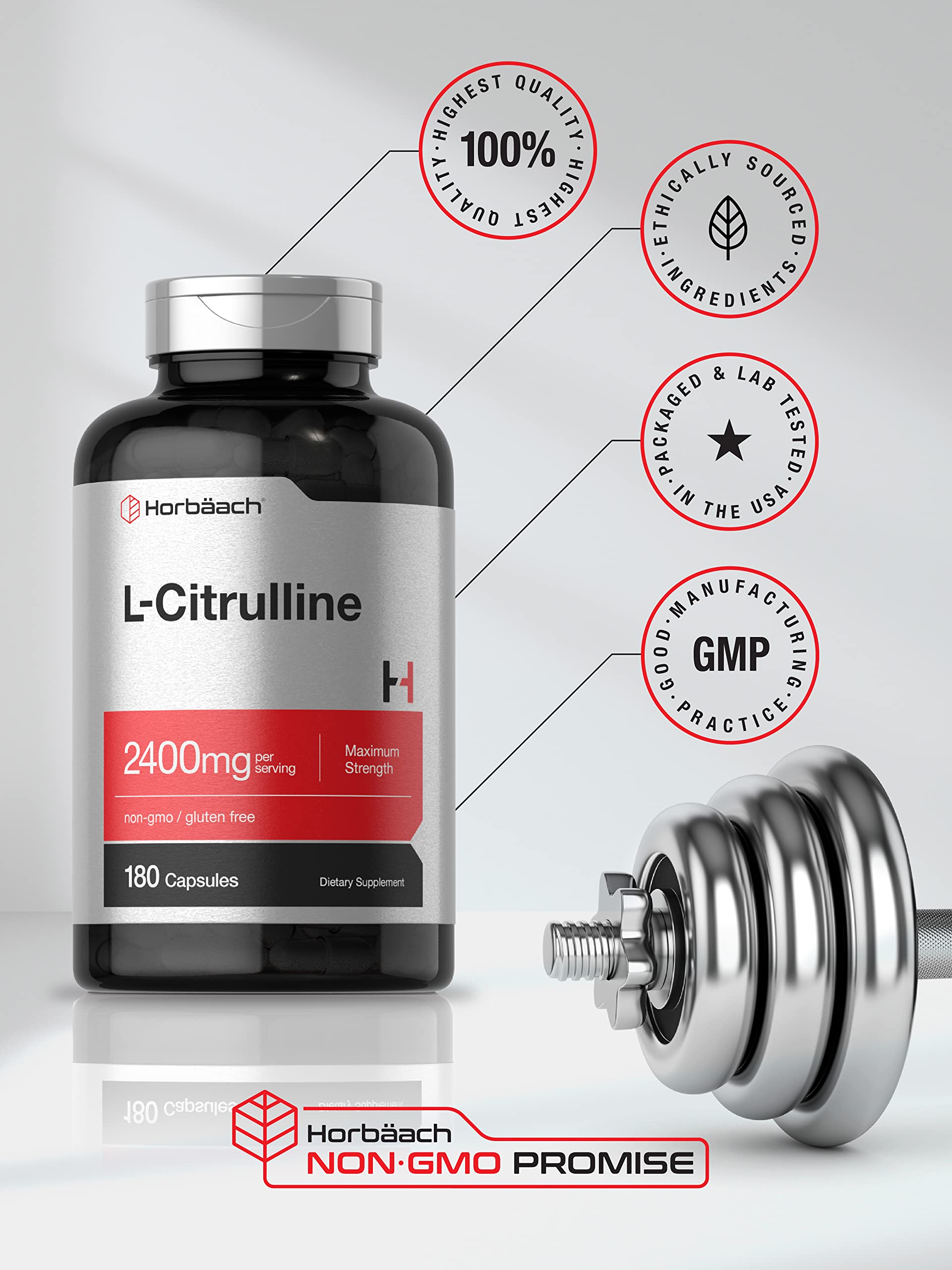 Horbäach L-Citrulline 2400mg capsules with measuring spoon