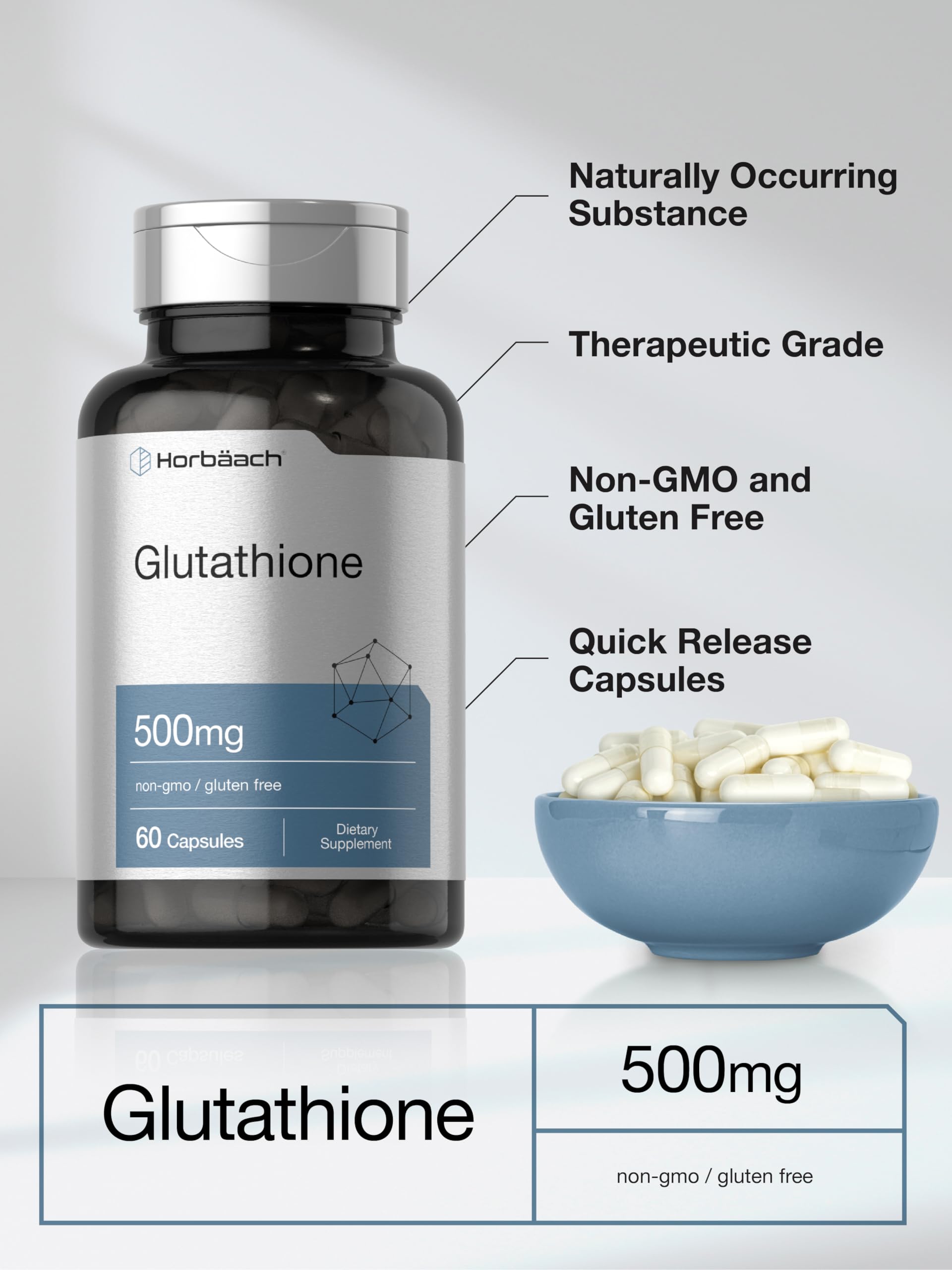 Horbäach L-Glutathione capsules in hand for size reference