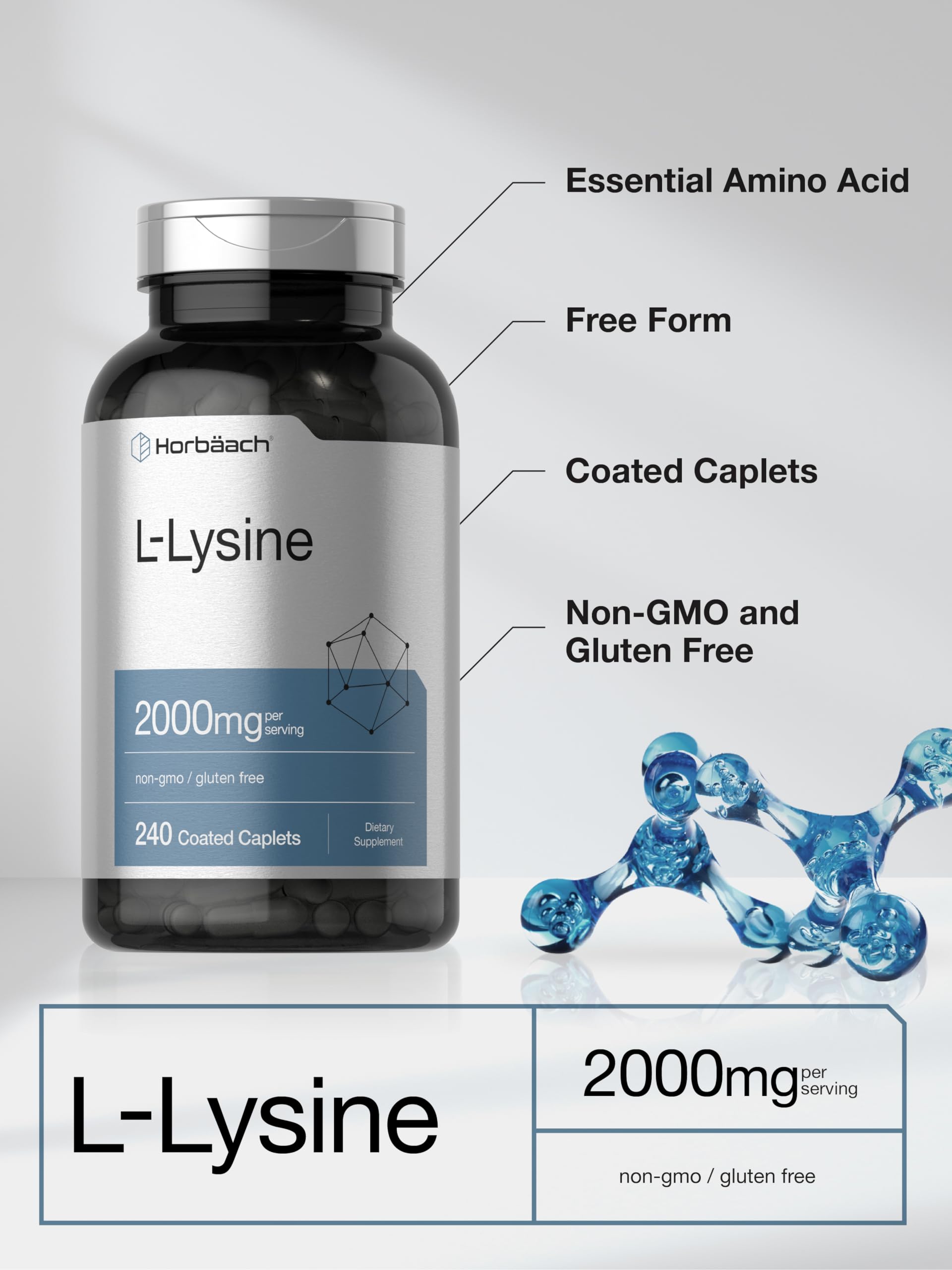 Horbäach L-Lysine 2000mg caplets on a wooden table