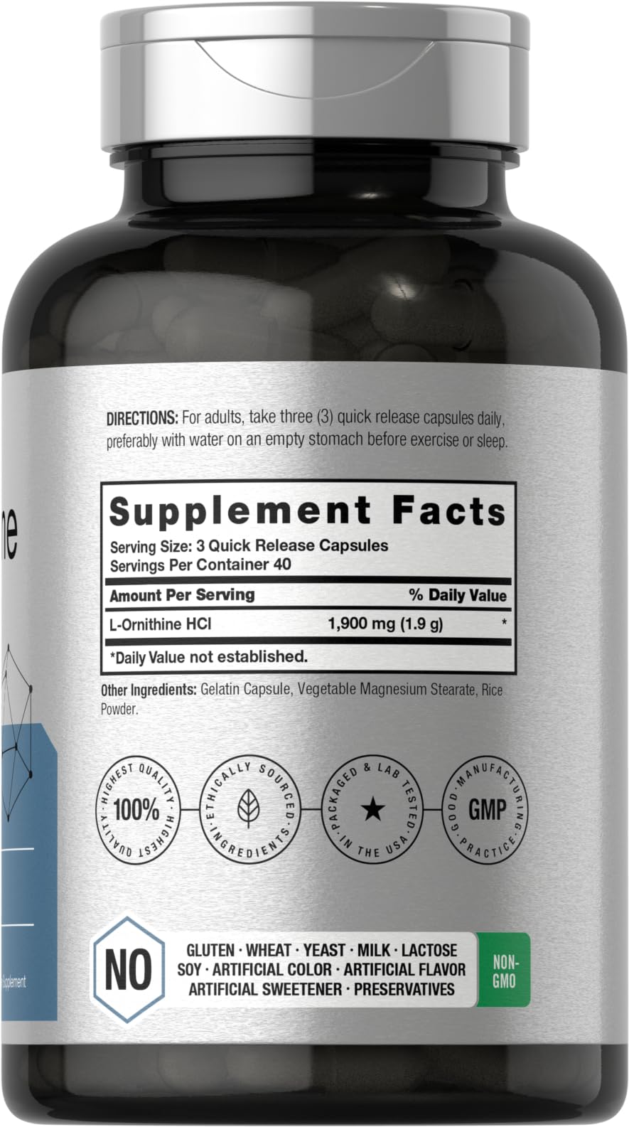 Horbäach L-Ornithine HCl 1900mg capsules packaging side view