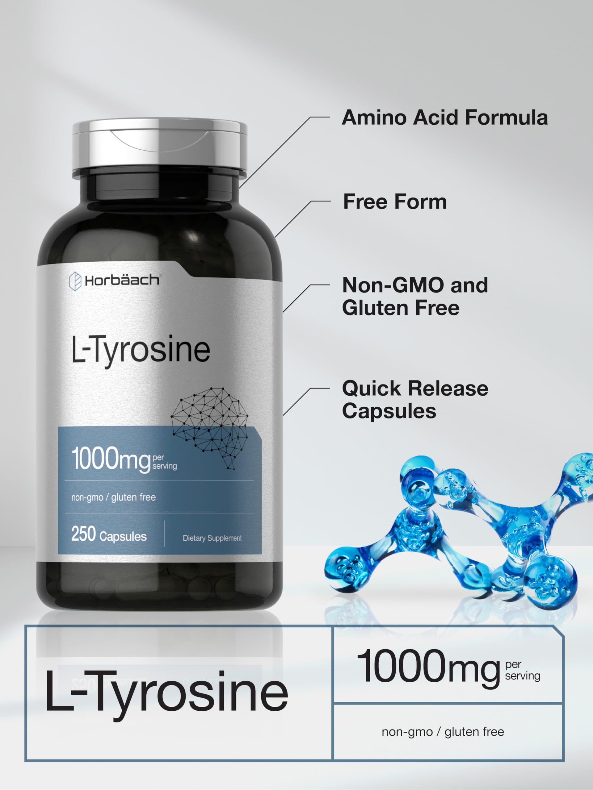 Horbäach L-Tyrosine 1000mg capsules on a wooden table