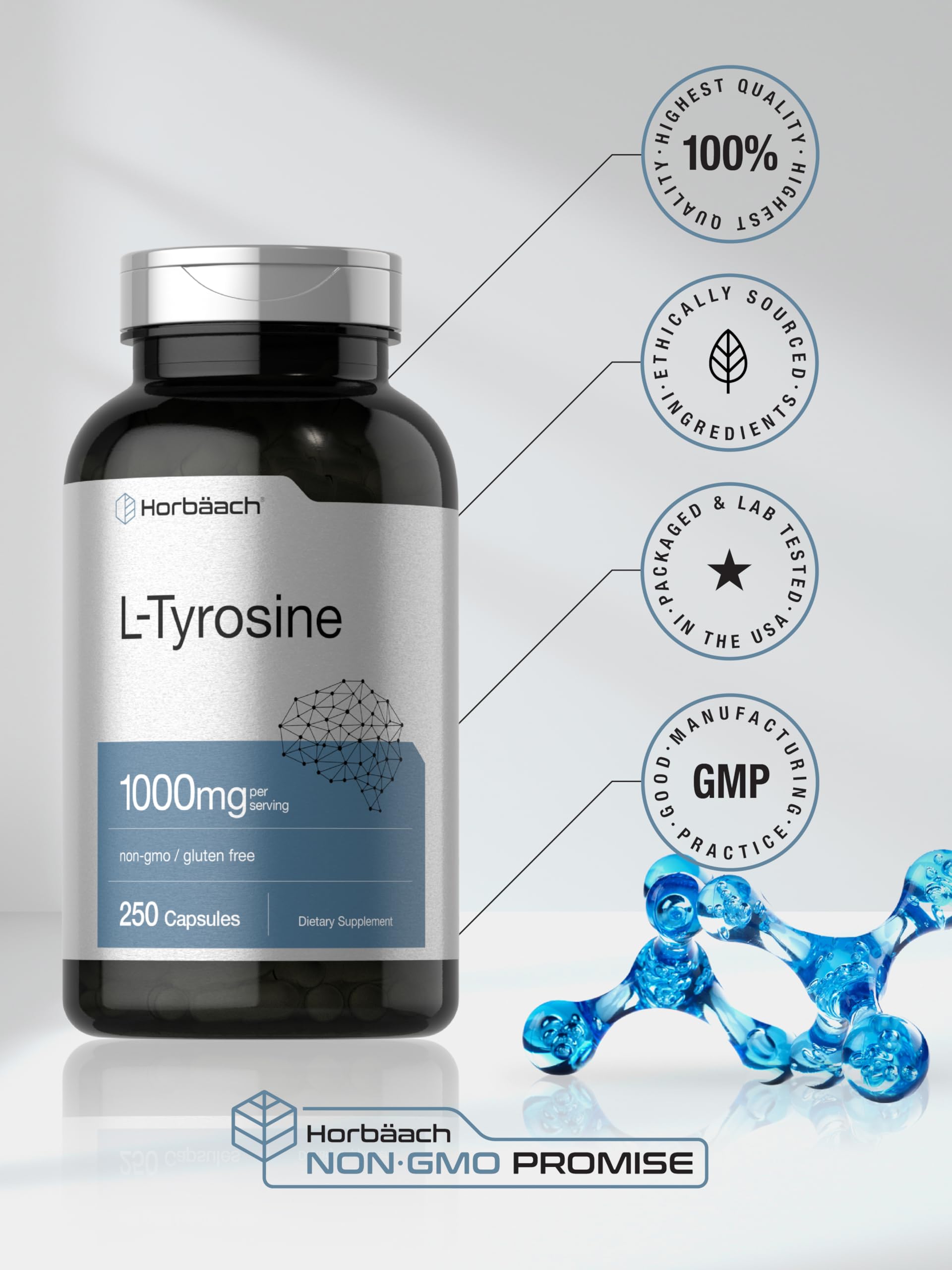 Horbäach L-Tyrosine 1000mg capsules with a measuring spoon