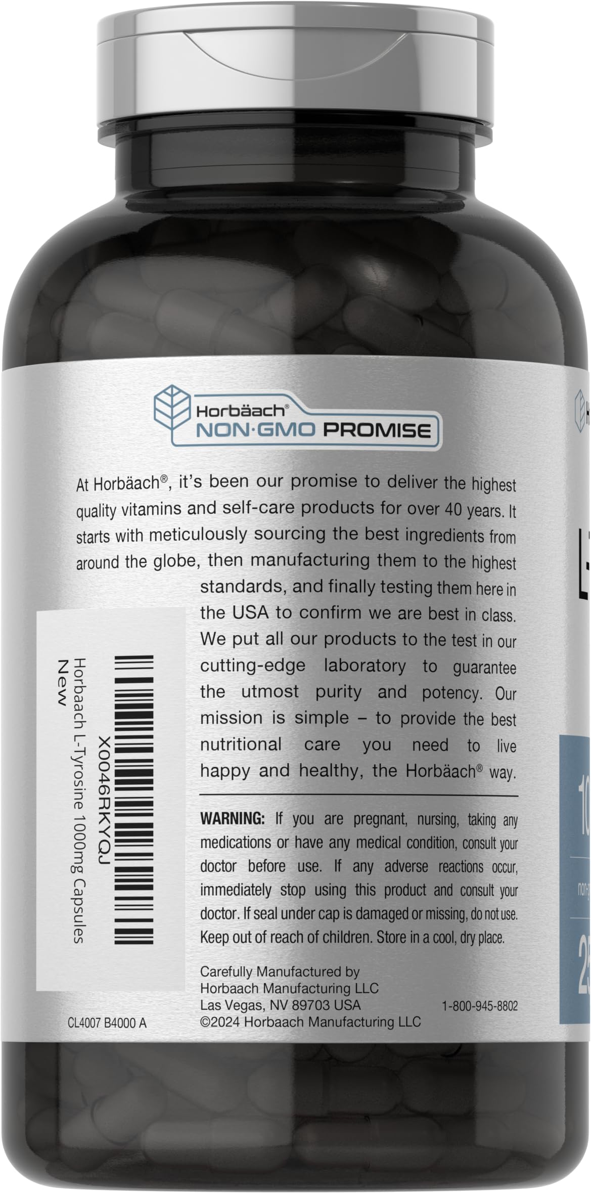 Horbäach L-Tyrosine 1000mg capsules with dosage information