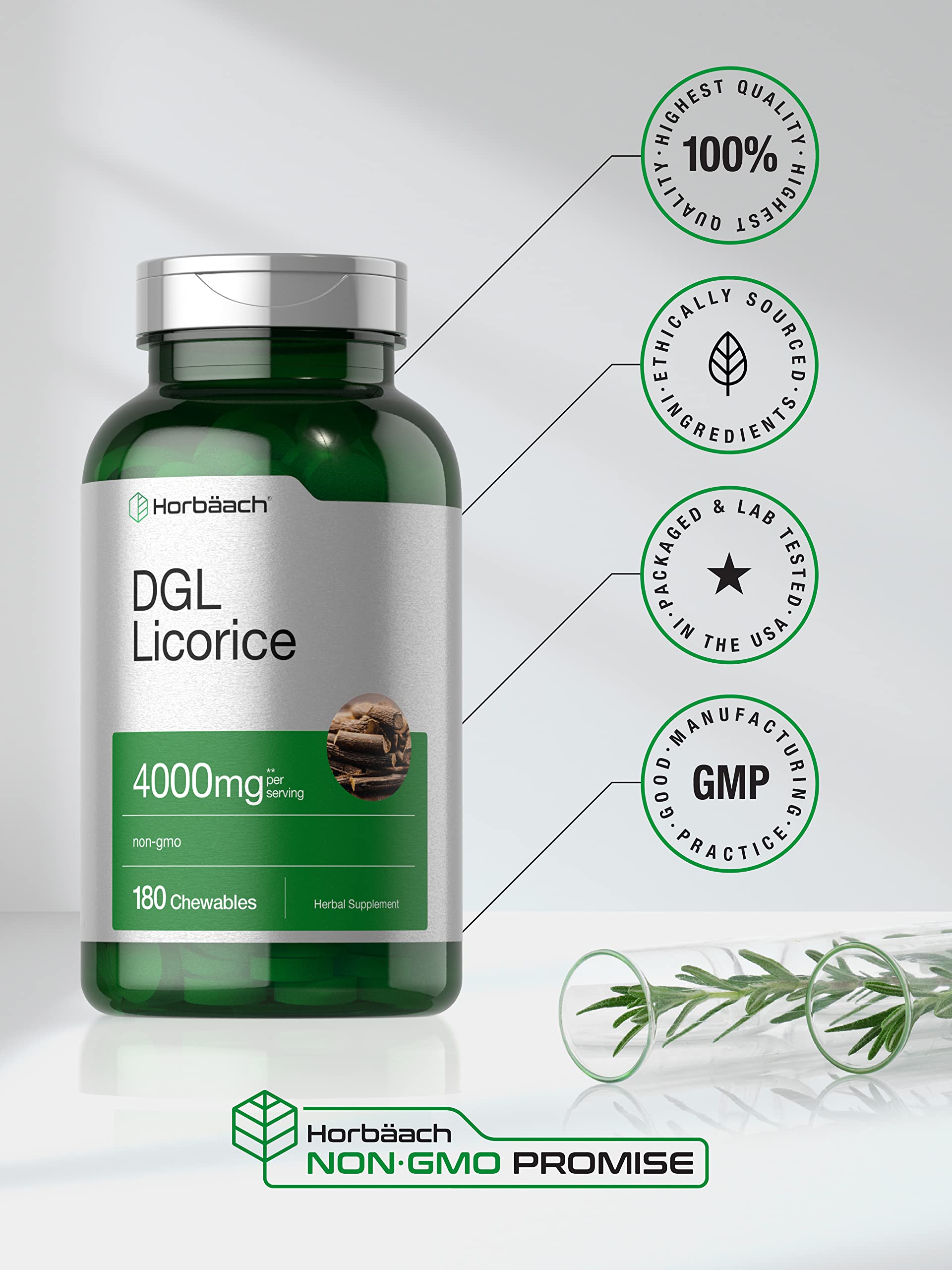 Horbäach Licorice Root Chewable Tablets displayed with licorice roots
