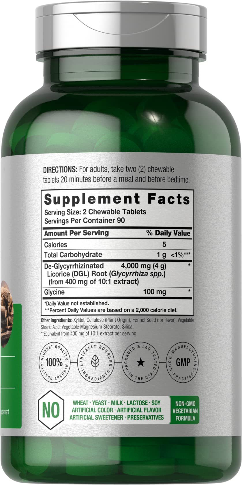 Horbäach Licorice Root Chewable Tablets side view showing nutritional information