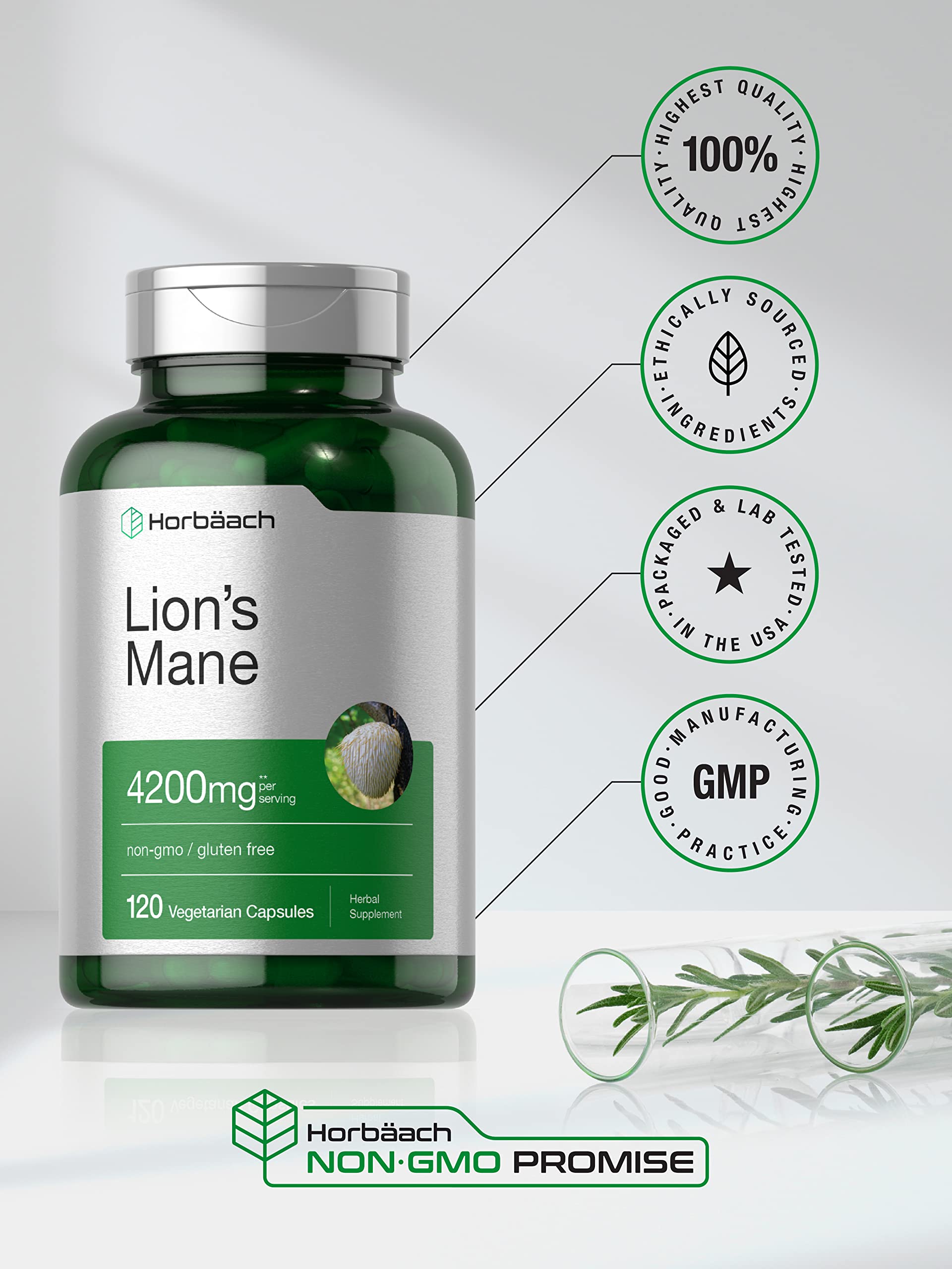 Horbäach Lion's Mane Mushroom Supplement bottle on a table
