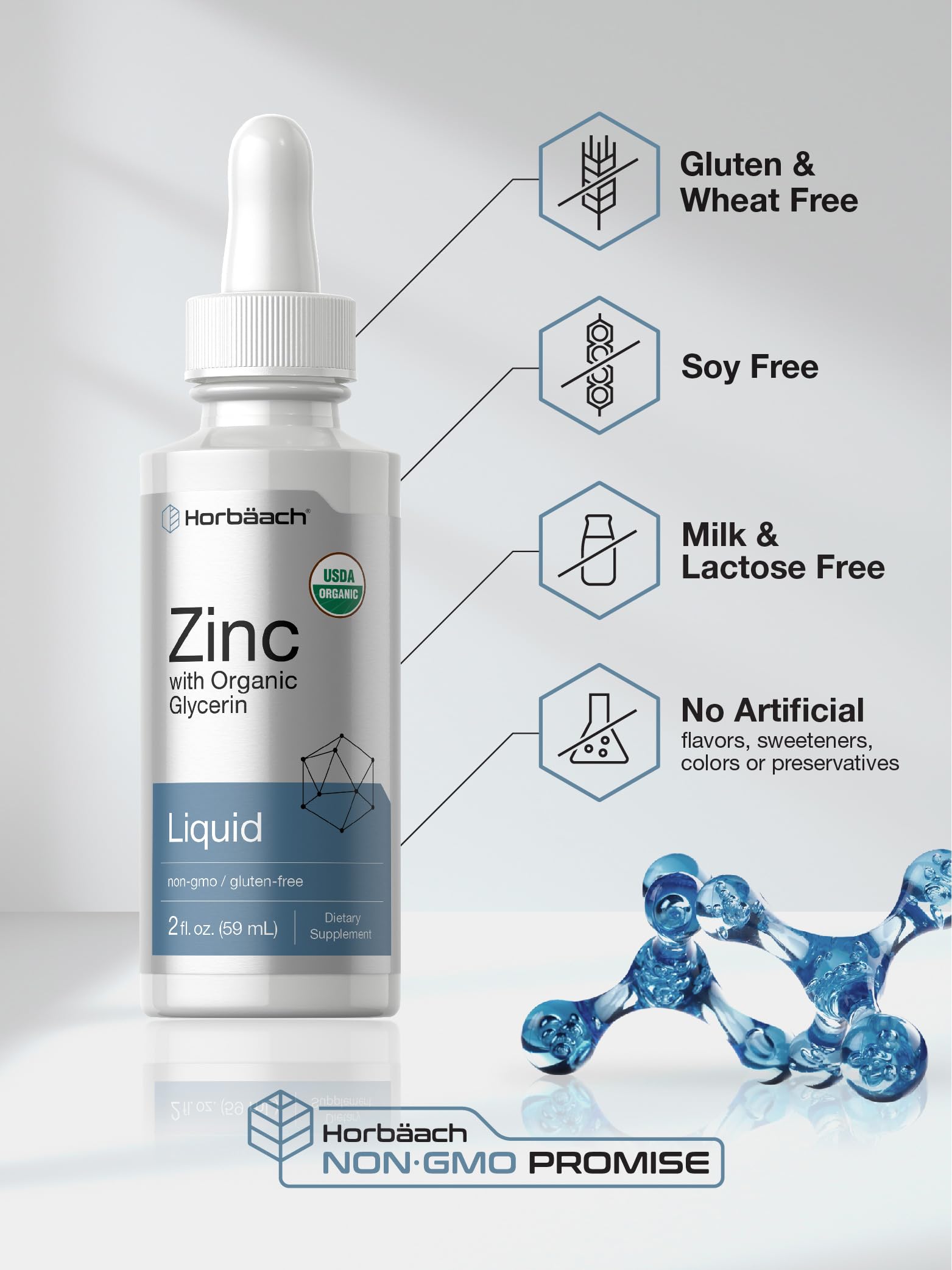 Horbäach Liquid Zinc 8mg dropper bottle on wooden table