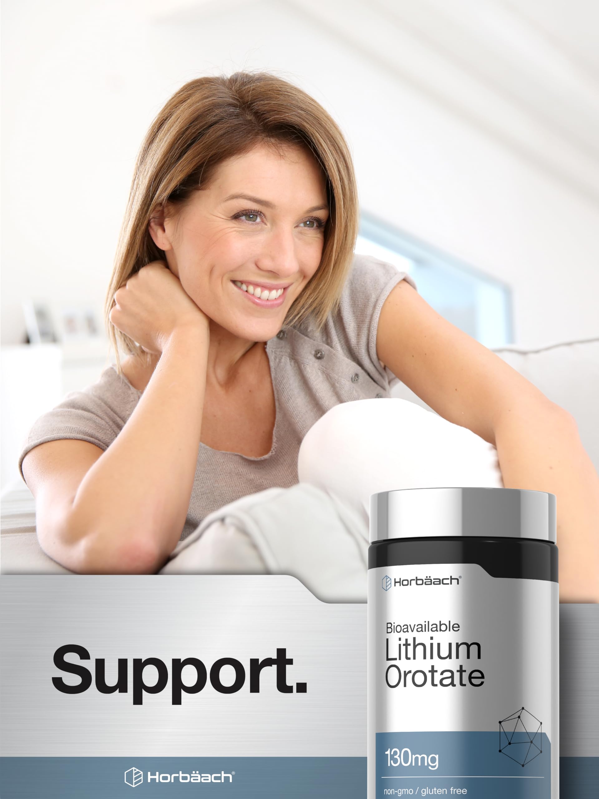 Horbäach Lithium Orotate Capsules 130mg bottle top view