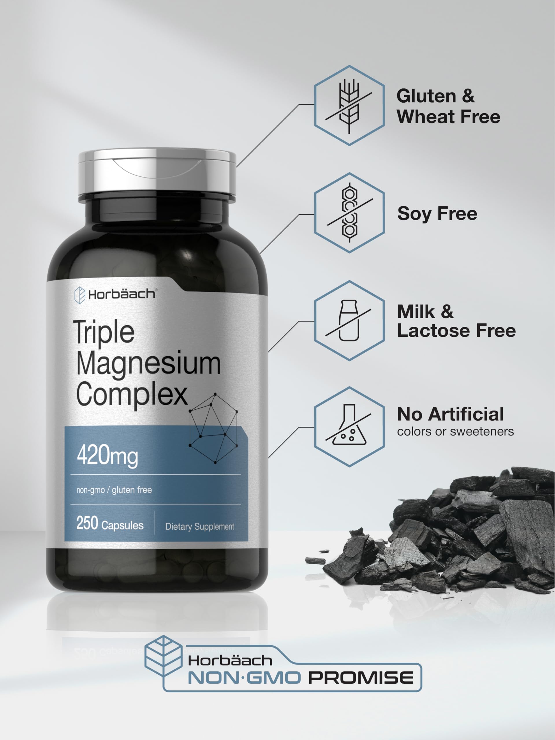 Horbäach Magnesium Complex 420mg capsules on a wooden table