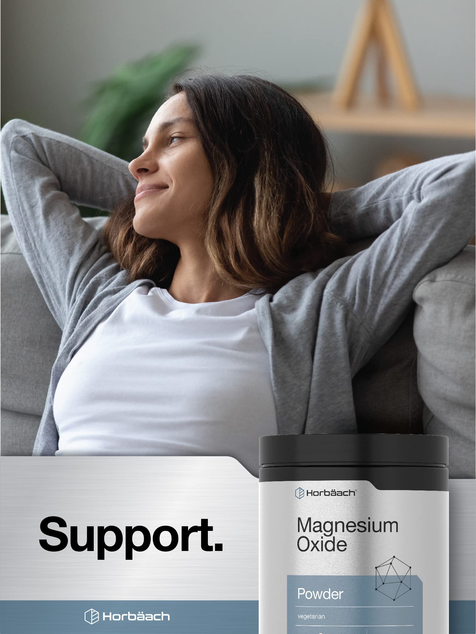 Horbäach Magnesium Oxide Powder 290g displayed with other supplements