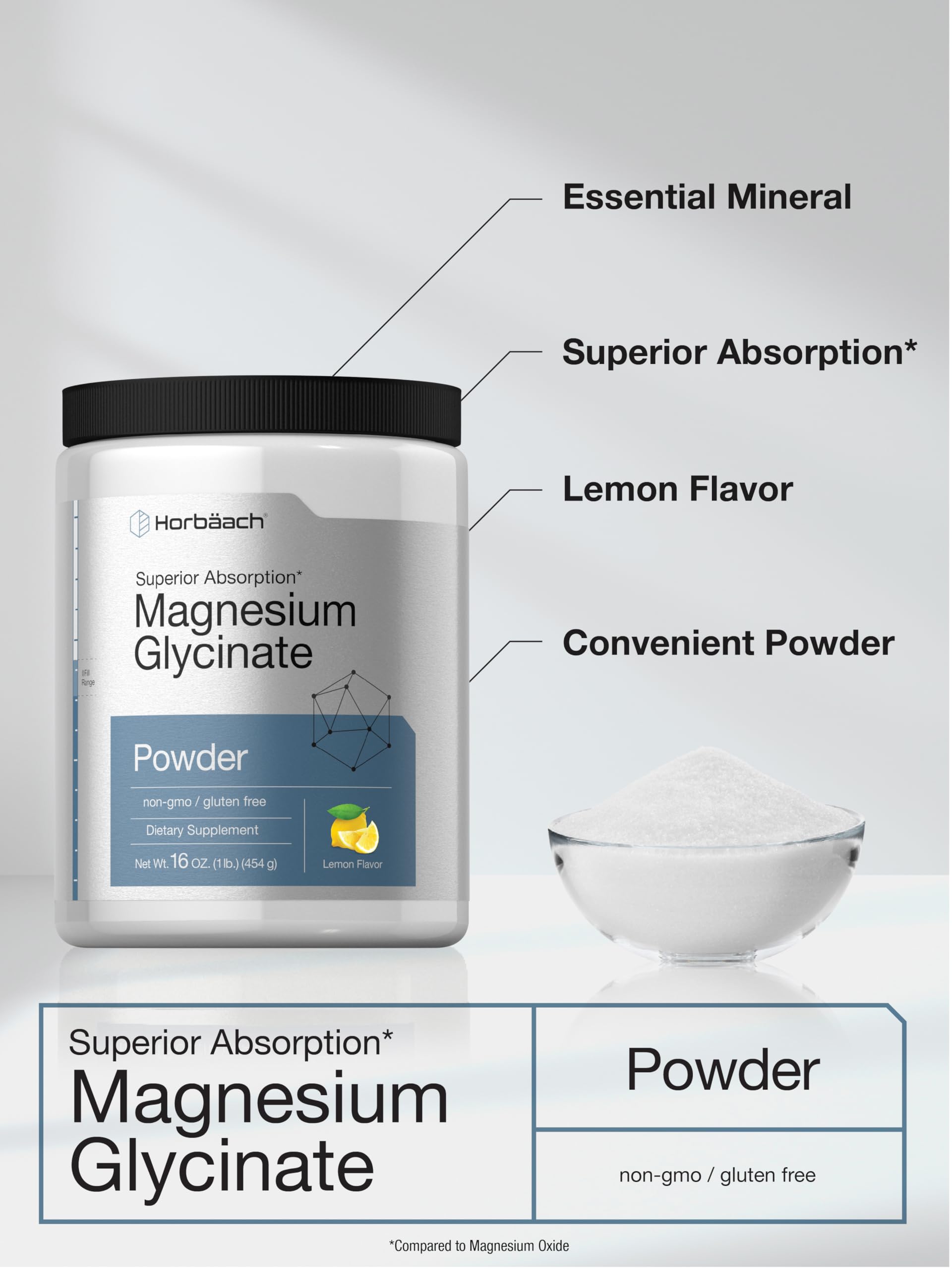 Horbäach Magnesium Powder lemon flavour in a glass of water