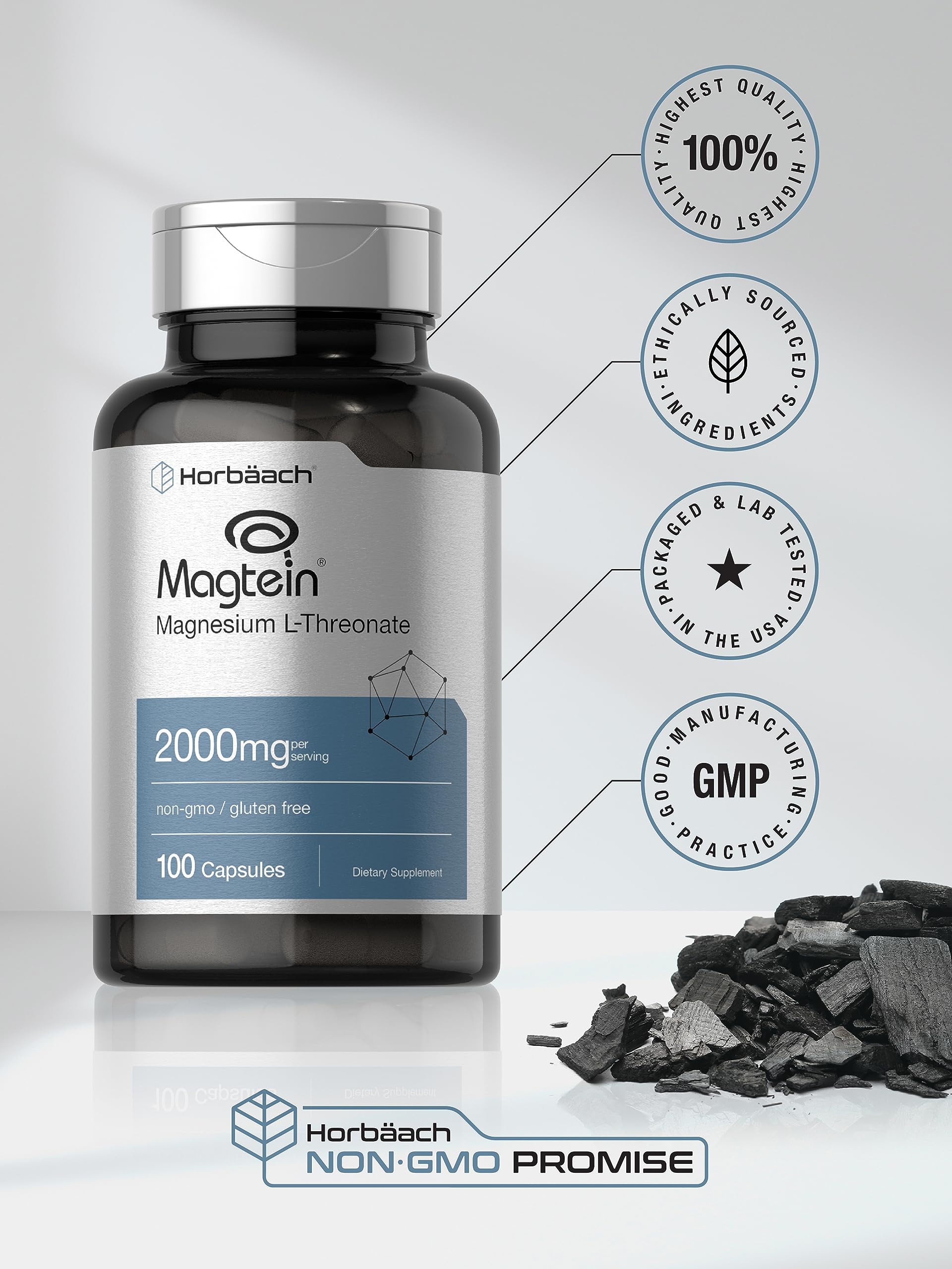 Horbäach Magnesium Threonate 2000mg capsules on a wooden surface